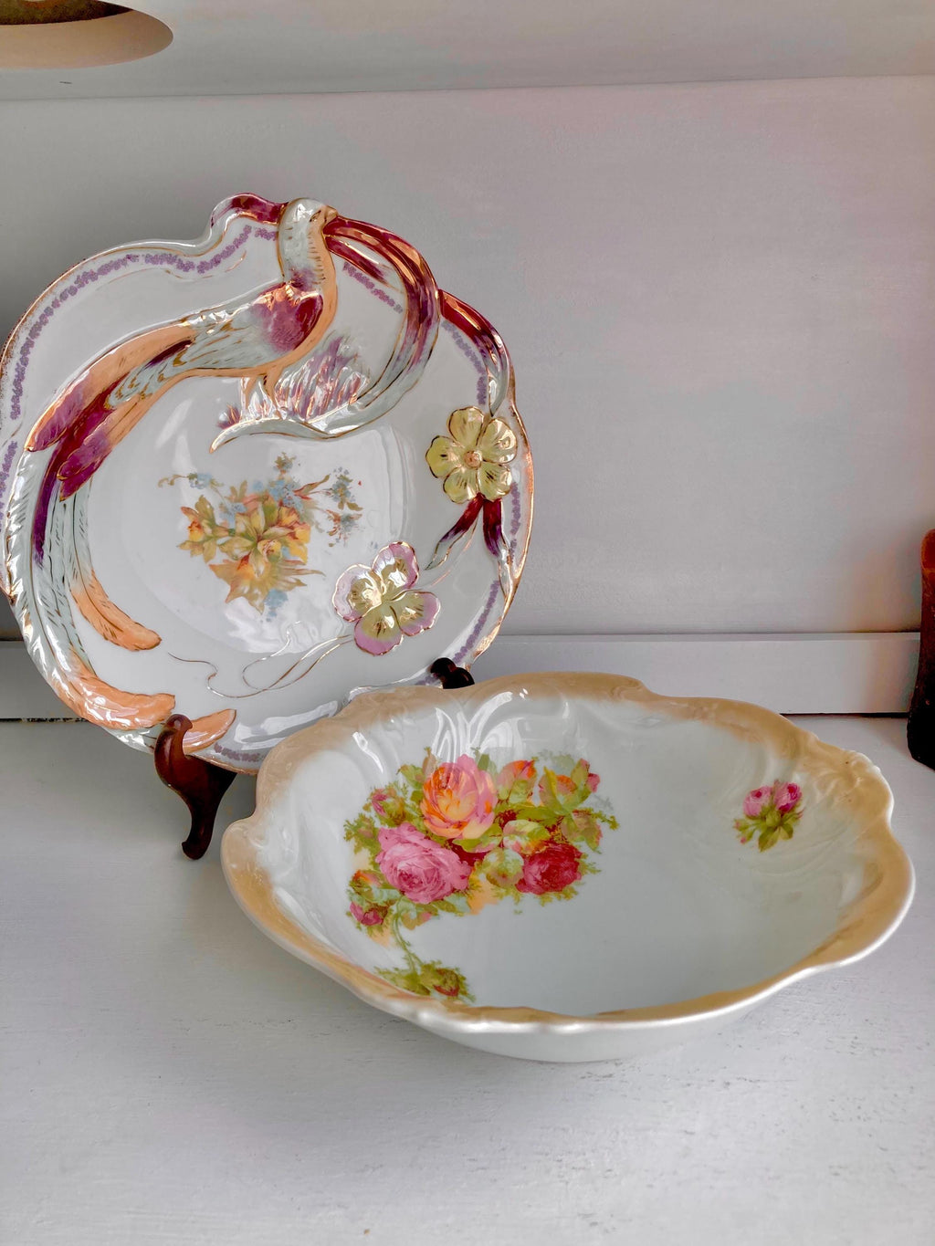 Vintage Bavarian Porcelain Bowl: Floral Appliqué, Luster Ruffled Rim