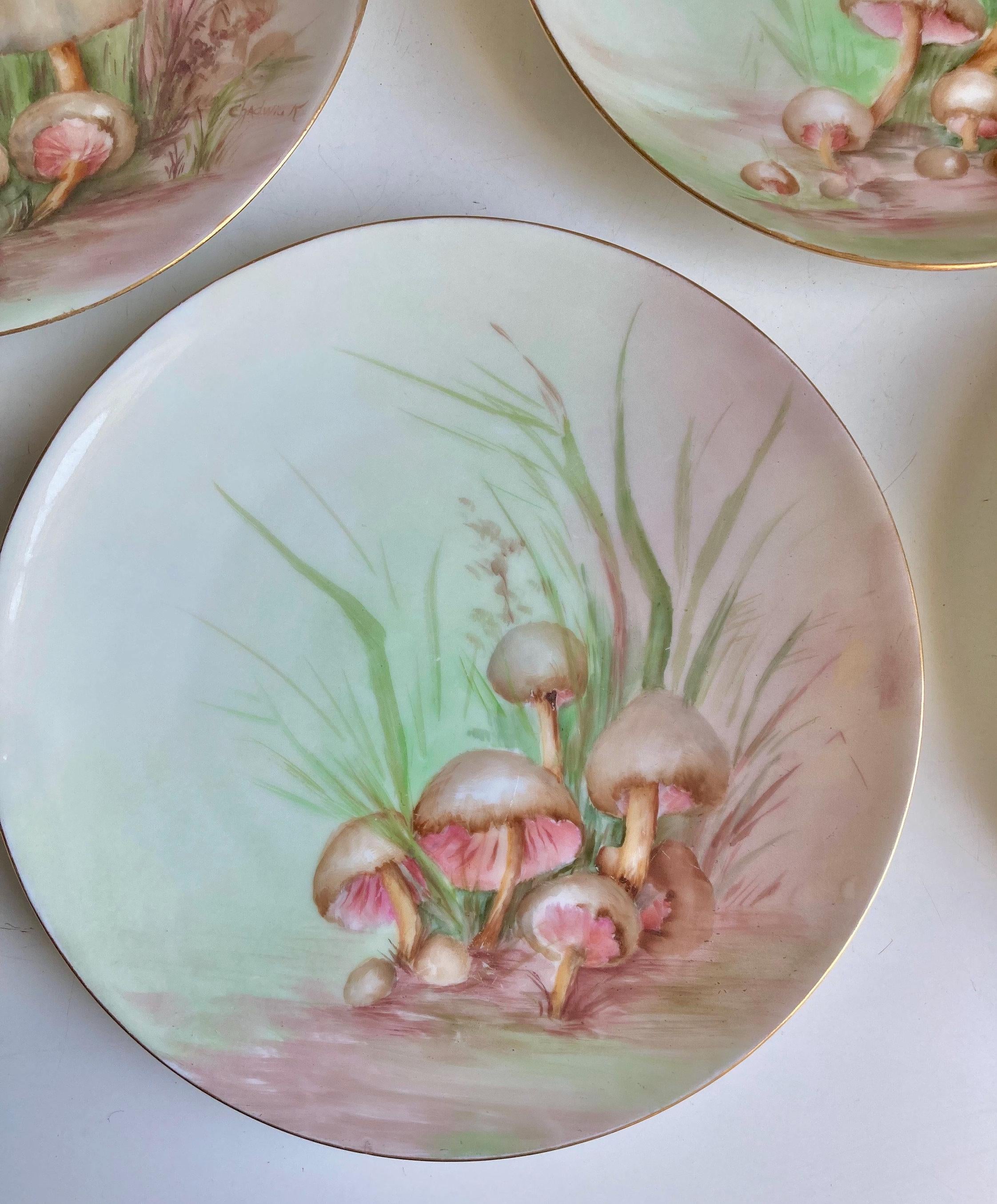 Antique Hand Painted Mushroom Plate: Gold Trim Dessert Plate, 7"