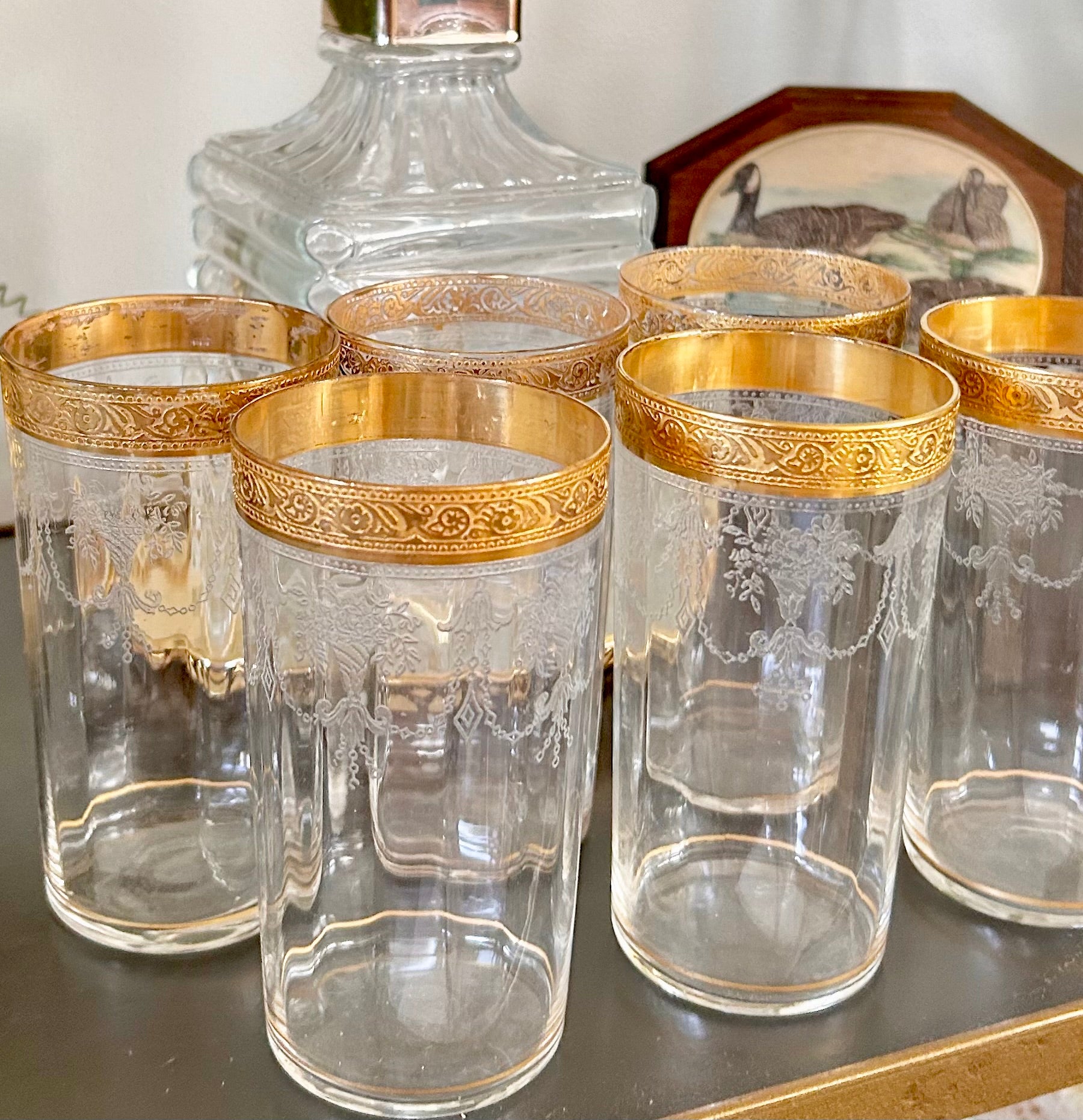 Midcentury Tiffin Ribbed Gilt Glass Tumblers set of 6