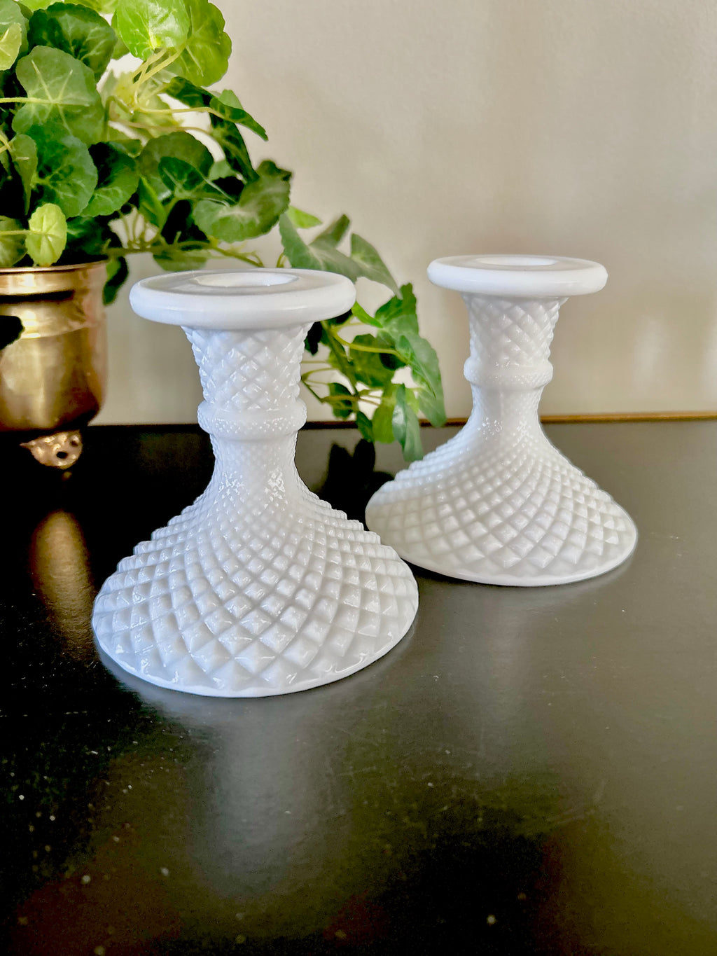 Milk Glass Candle Holders Diamond Hobnail