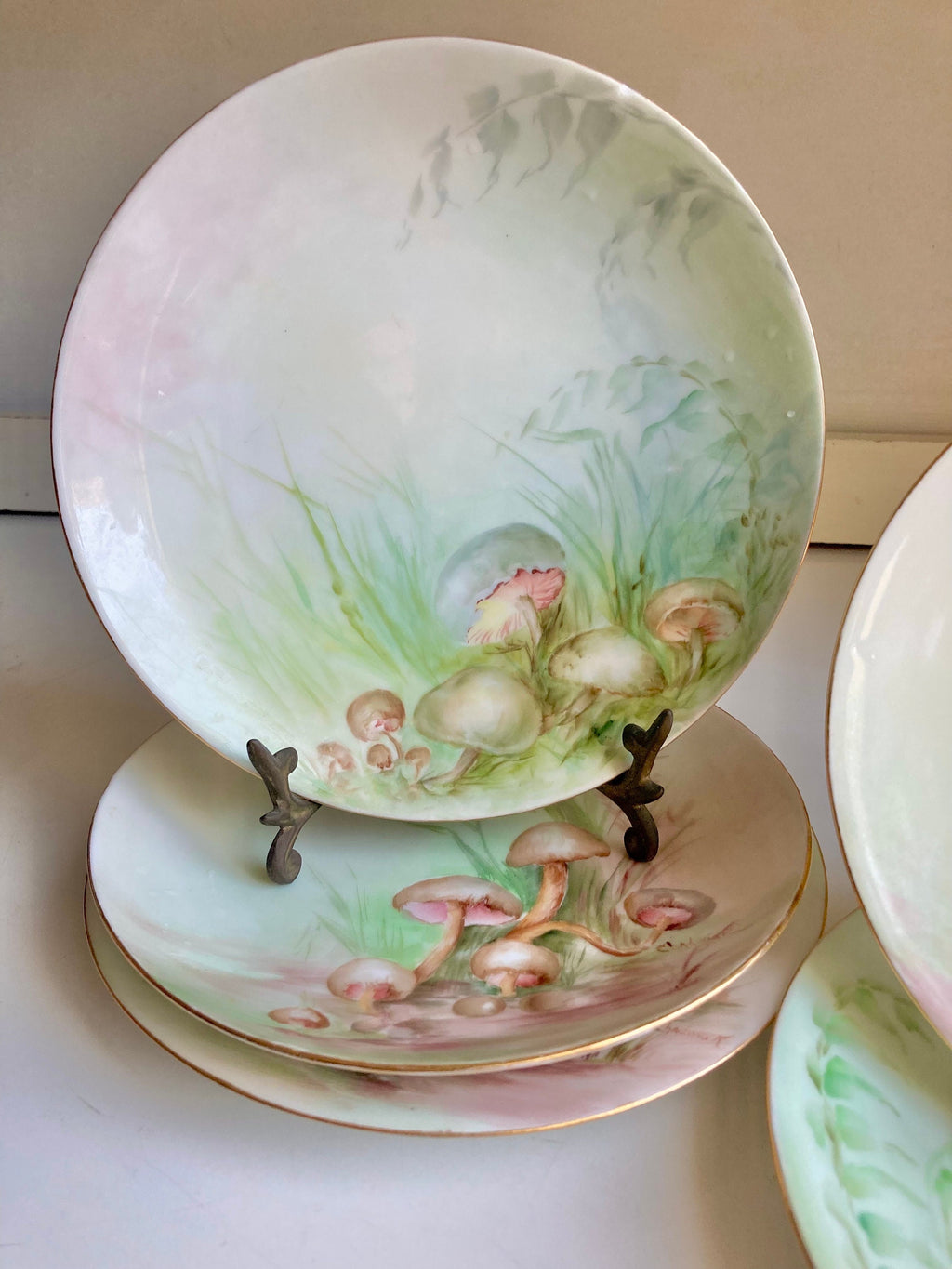 Antique Hand Painted Mushroom Plate: Gold Trim Dessert Plate, 7"