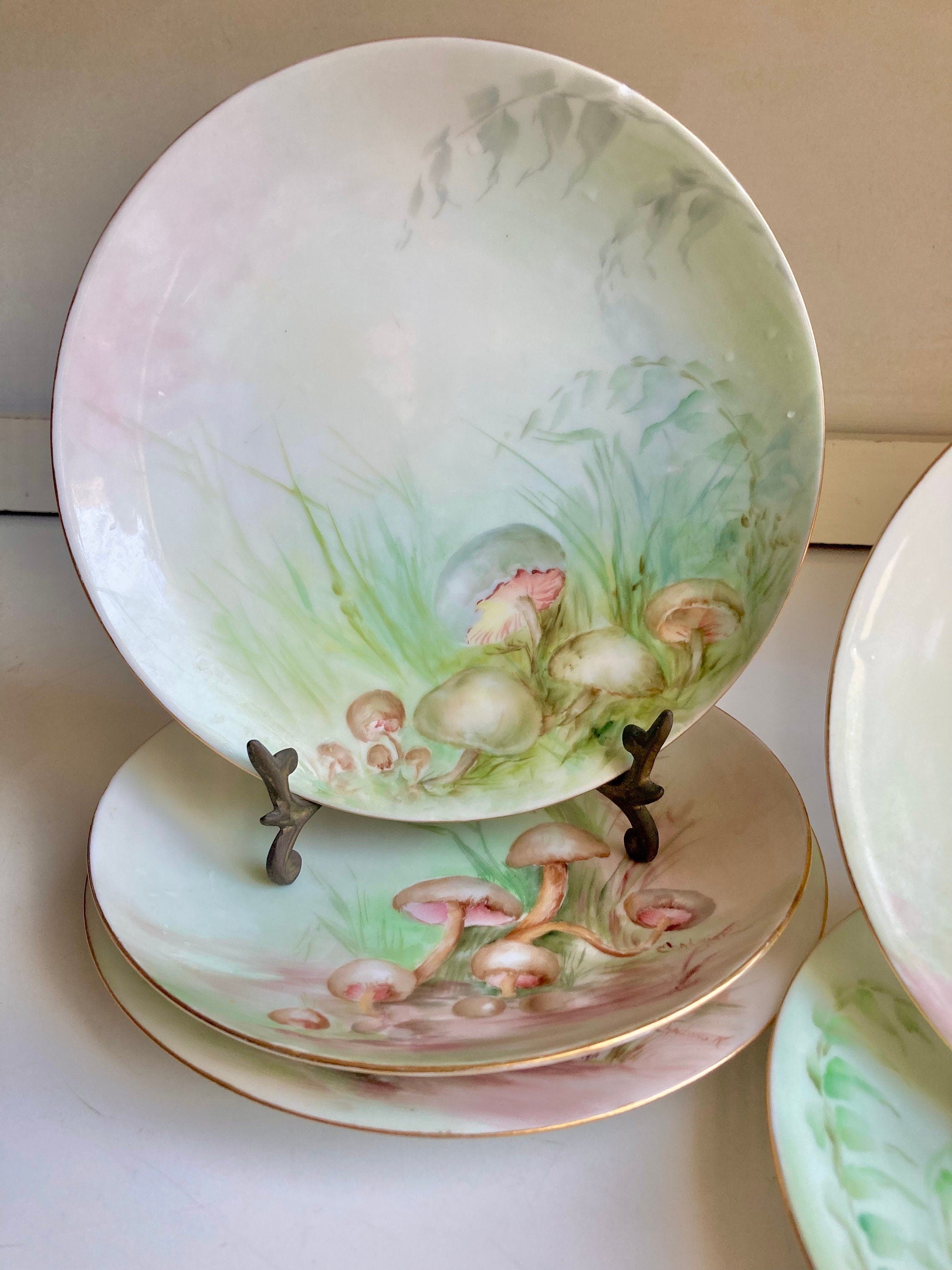 Antique Hand Painted Mushroom Plate: Gold Trim Dessert Plate, 7"