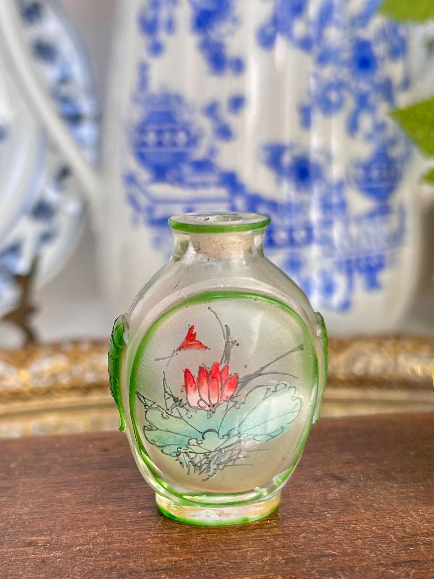 Vintage Chinese reverse Painted Carved Glass Snuff Bottles, 2-3 inch, Sold Individually