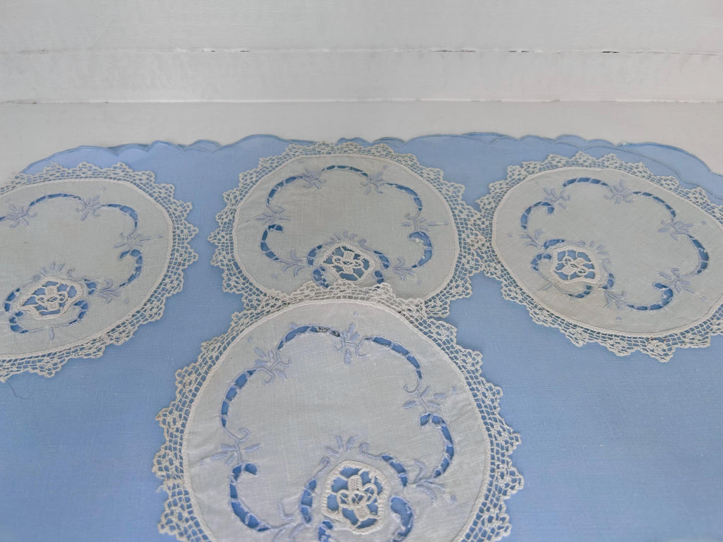 Vintage Linen Coasters Set: Perforated Floral Lace, Pale Blue Detail