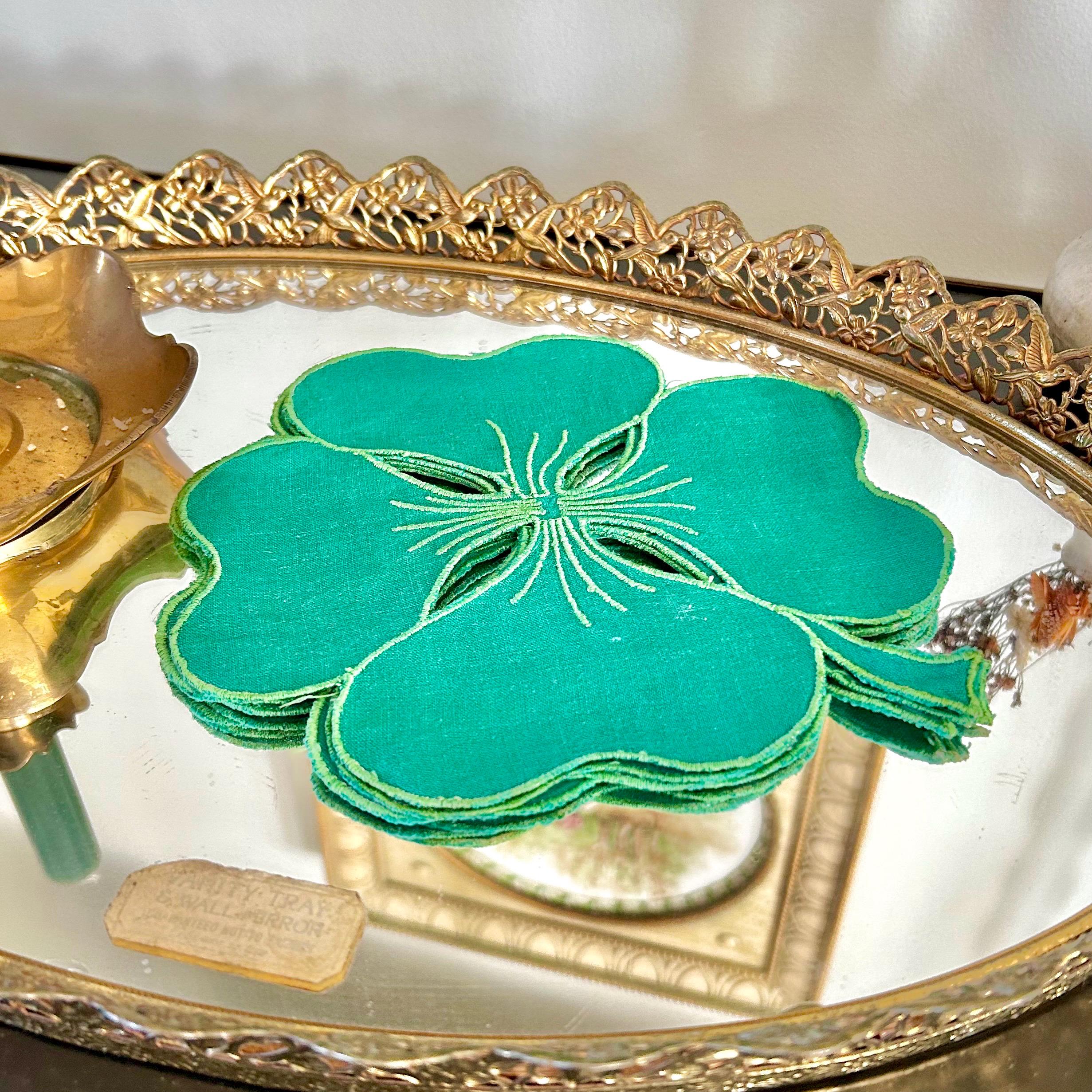 Vintage Hand Stitched Linen Shamrock Coasters in Emerald Green Set of 4