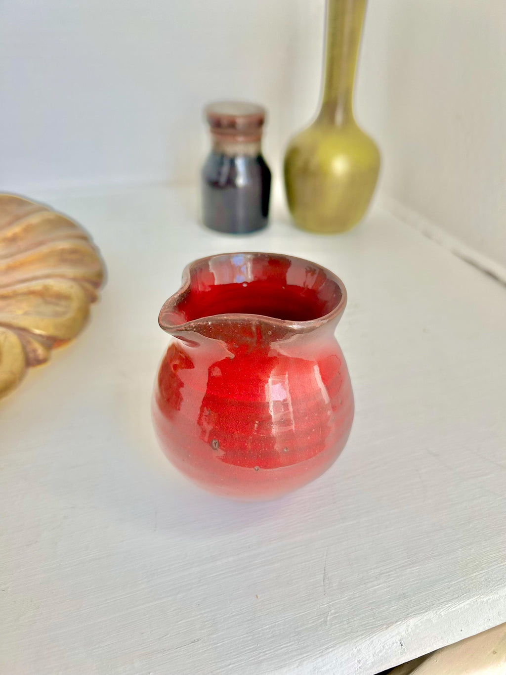 Vintage Mini Ceramic Pitcher: Brick Red Glazed Creamer, Handmade Pottery