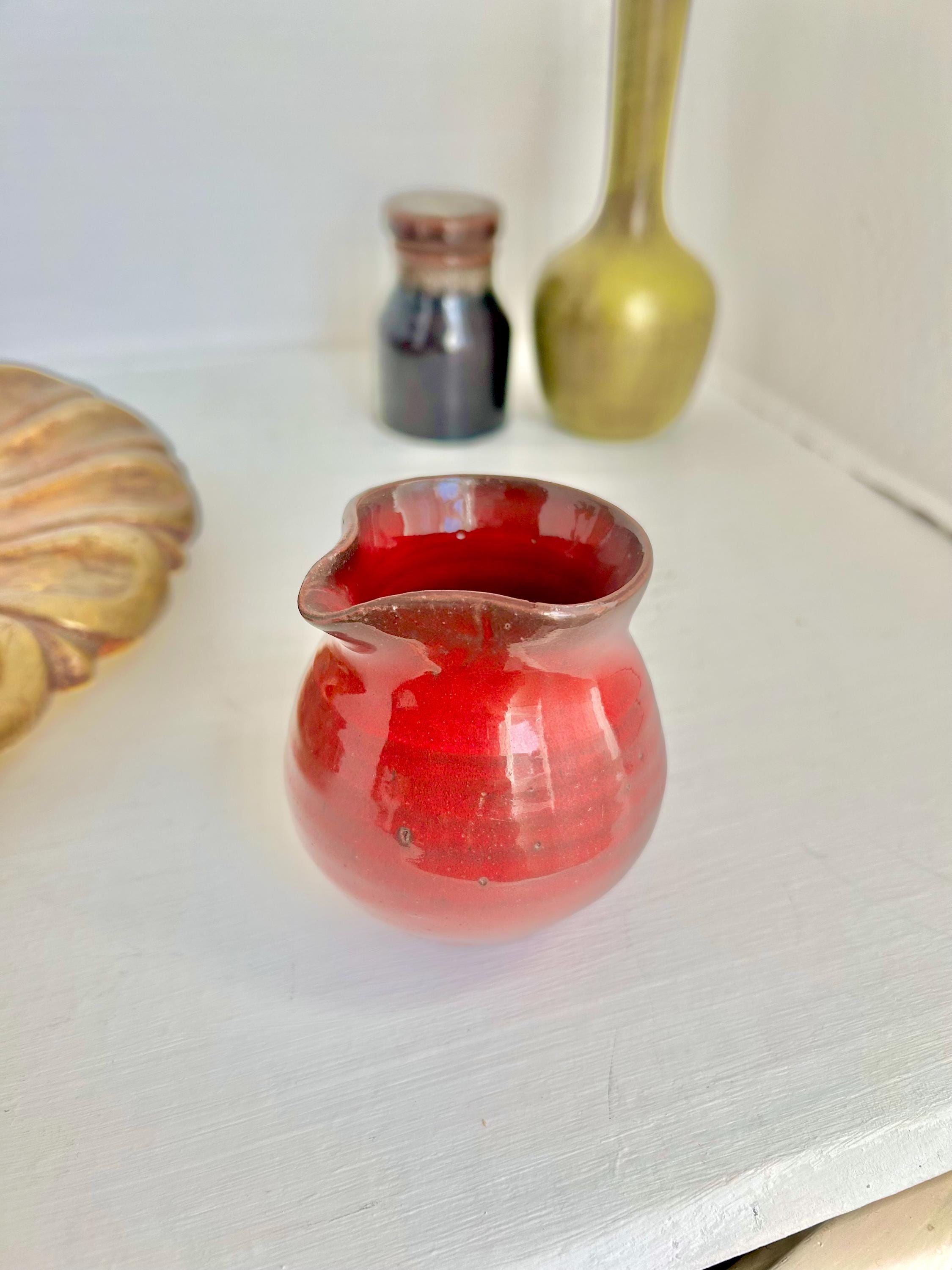 Vintage Mini Ceramic Pitcher: Brick Red Glazed Creamer, Handmade Pottery