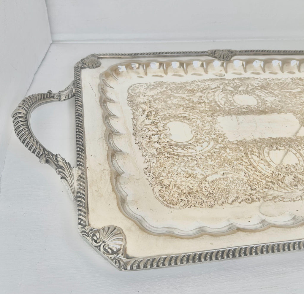 Vintage Silverplated Copper Tray: Neoclassical Seashell Rim, English Silver Co. - Vintage worn