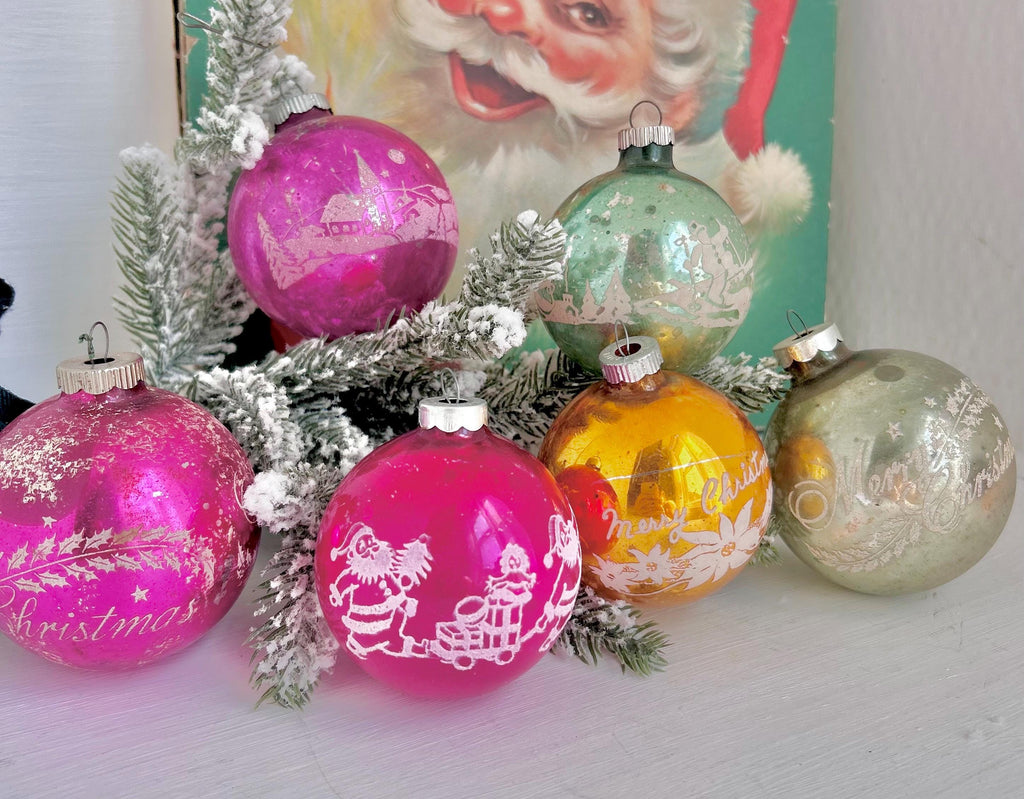 Vintage Stenciled Glass Christmas Ornament: Flocked Holiday Bulbs, USA Made