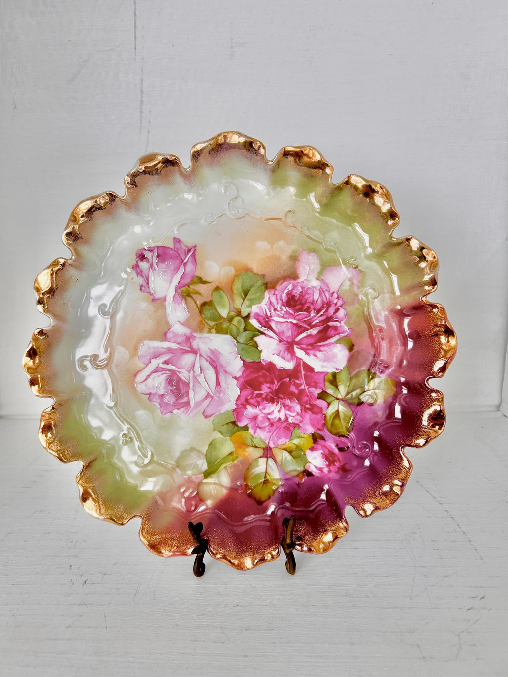 Vintage Transferware Porcelain Plate with Pink Roses