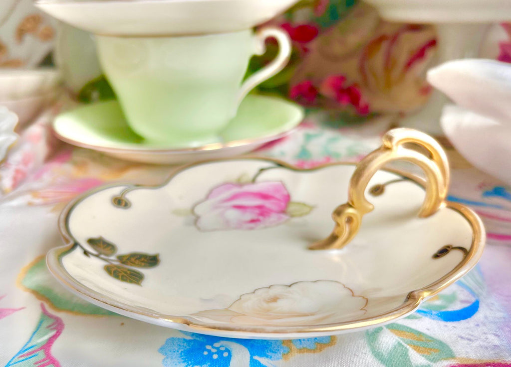 Vintage Bavaria Porcelain Finger Loop Plate: Floral Rose Serving Dish