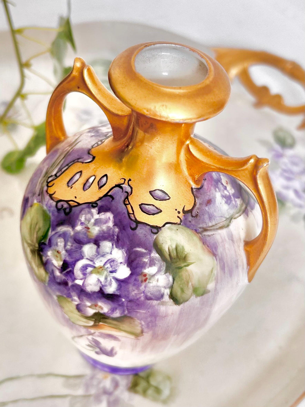 Antique Austrian Porcelain Vase with Handpainted Gold and Violets
