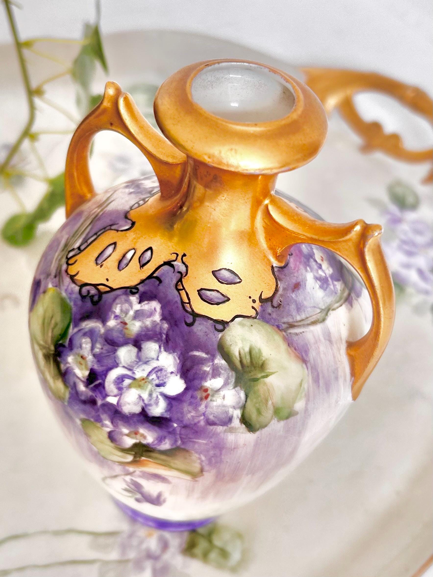 Antique Austrian Porcelain Vase with Handpainted Gold and Violets