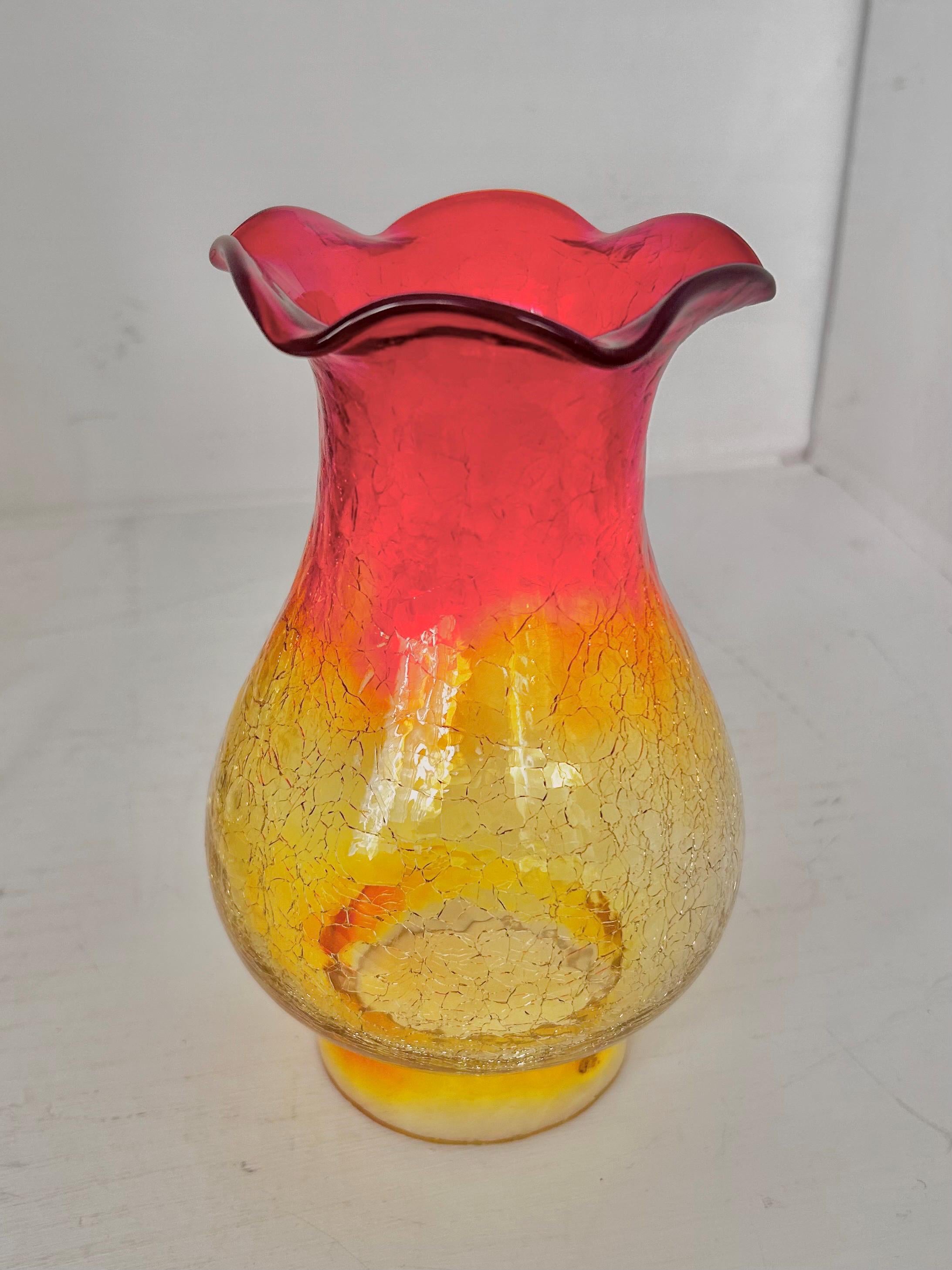 Vintage Amberina Crackle Glass Electric Hurricane Lamp: Brass Base, Ruffled Shade