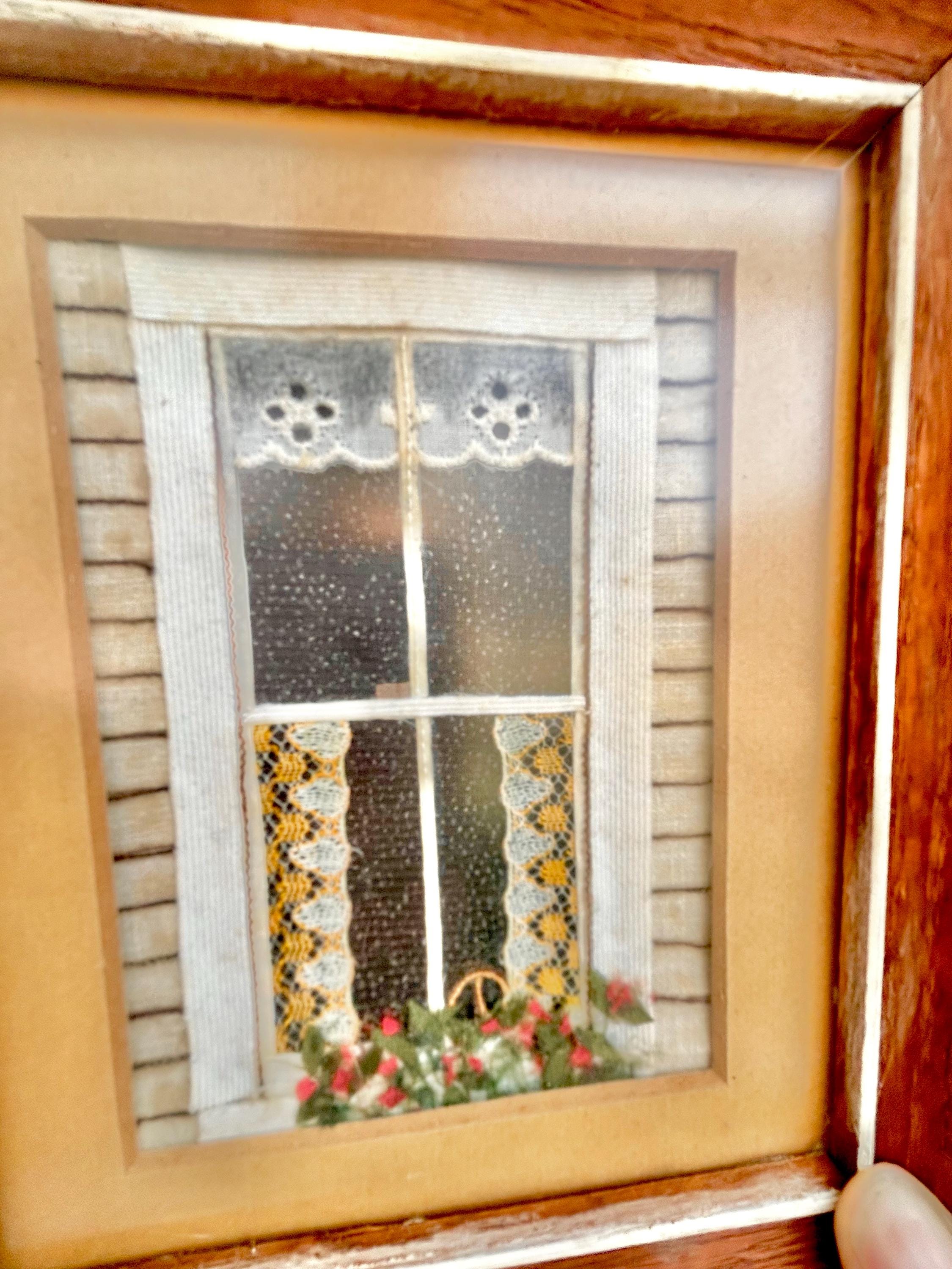 Vintage Framed Mixed Media Art: Country Cottage Window Scene, 1982