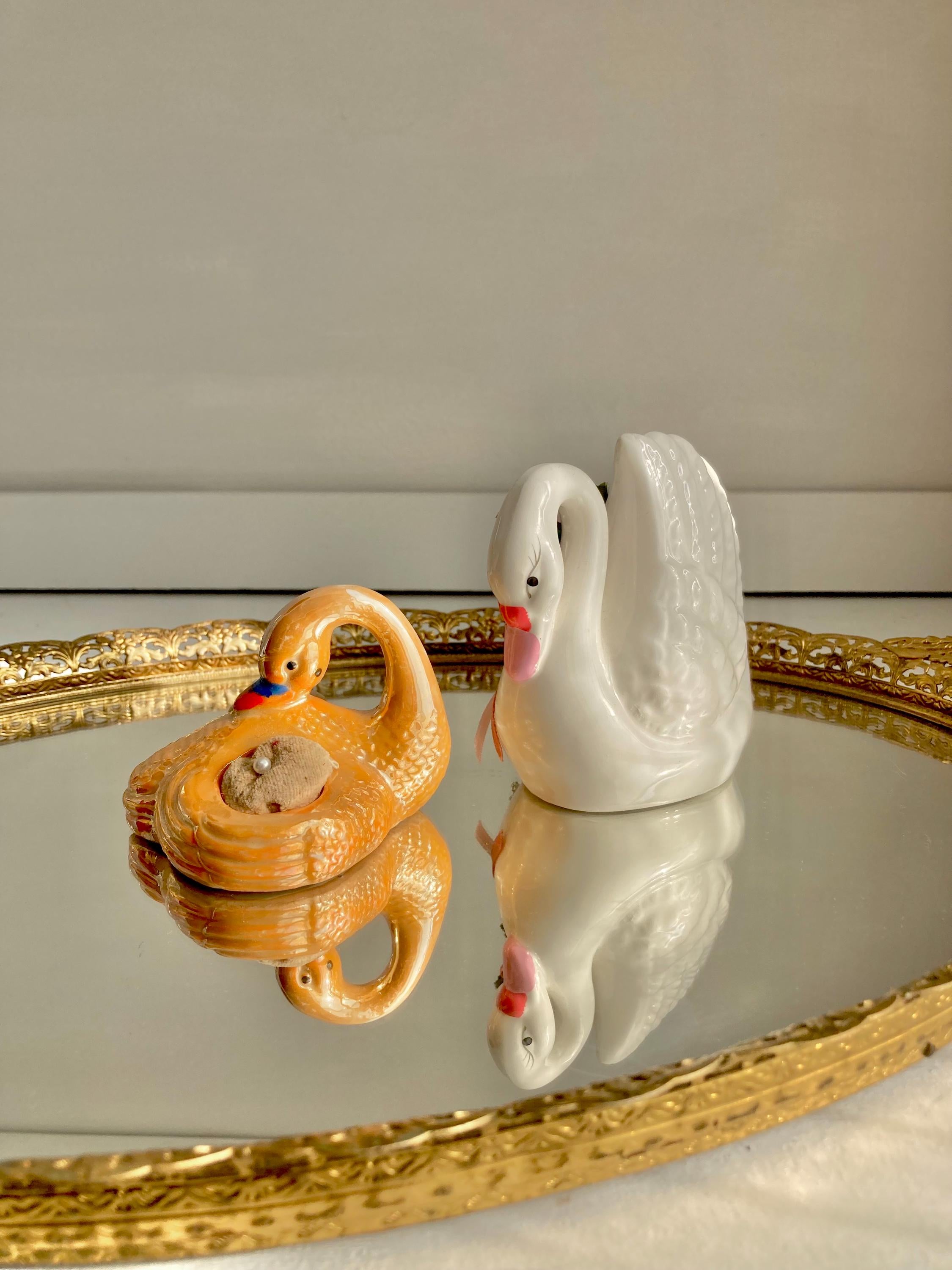 Vintage Ceramic Swan Figurines: Orange Luster Pin Cushion or White Floral Swan