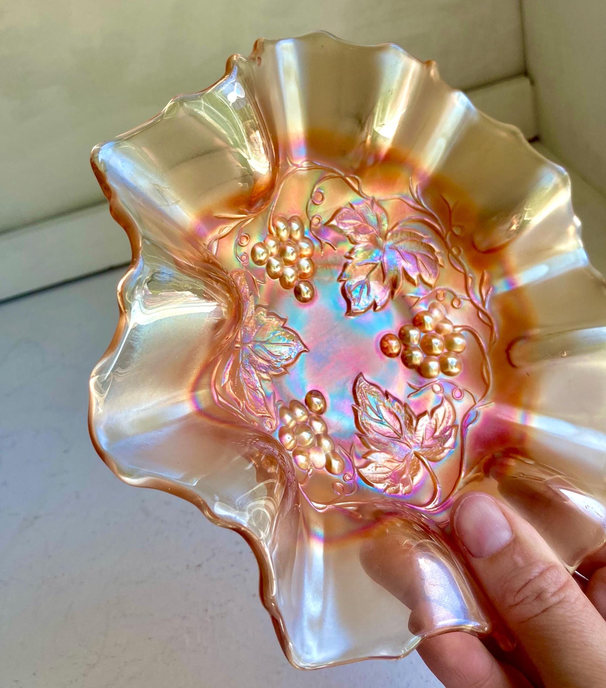 Vintage Dugan Golden Grape Marigold Carnival Glass Ruffled Bowl 7 1/4" diameter