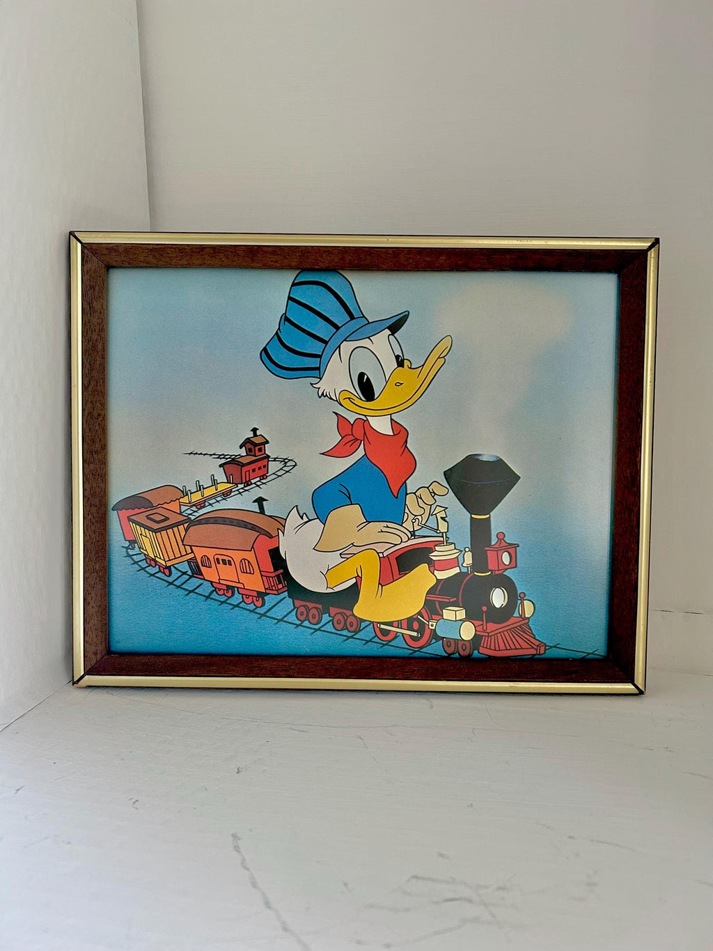 Vintage Donald Duck Print: Toy Train Conductor, Wooden Frame