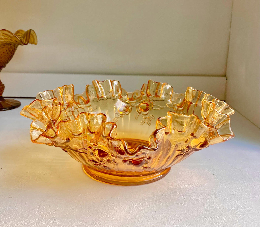 Vintage Amber Art Glass Bowl: Fenton, IVIMA Ruffled Rim Compote