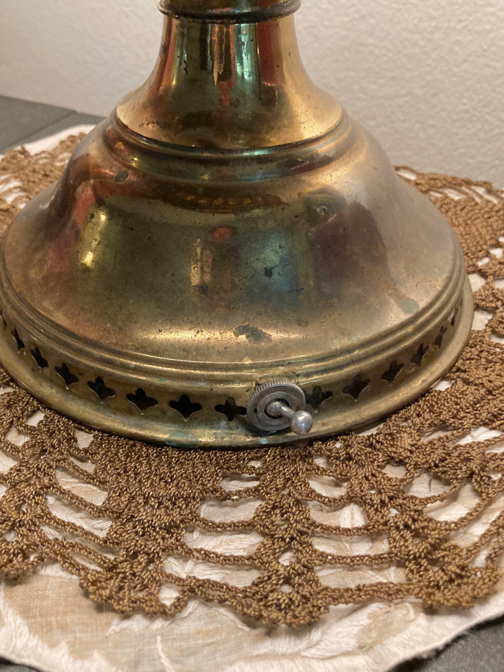 Vintage Converted Brass Oil Boudoir Lamp - Milk Glass Shade with Pink Roses Applique