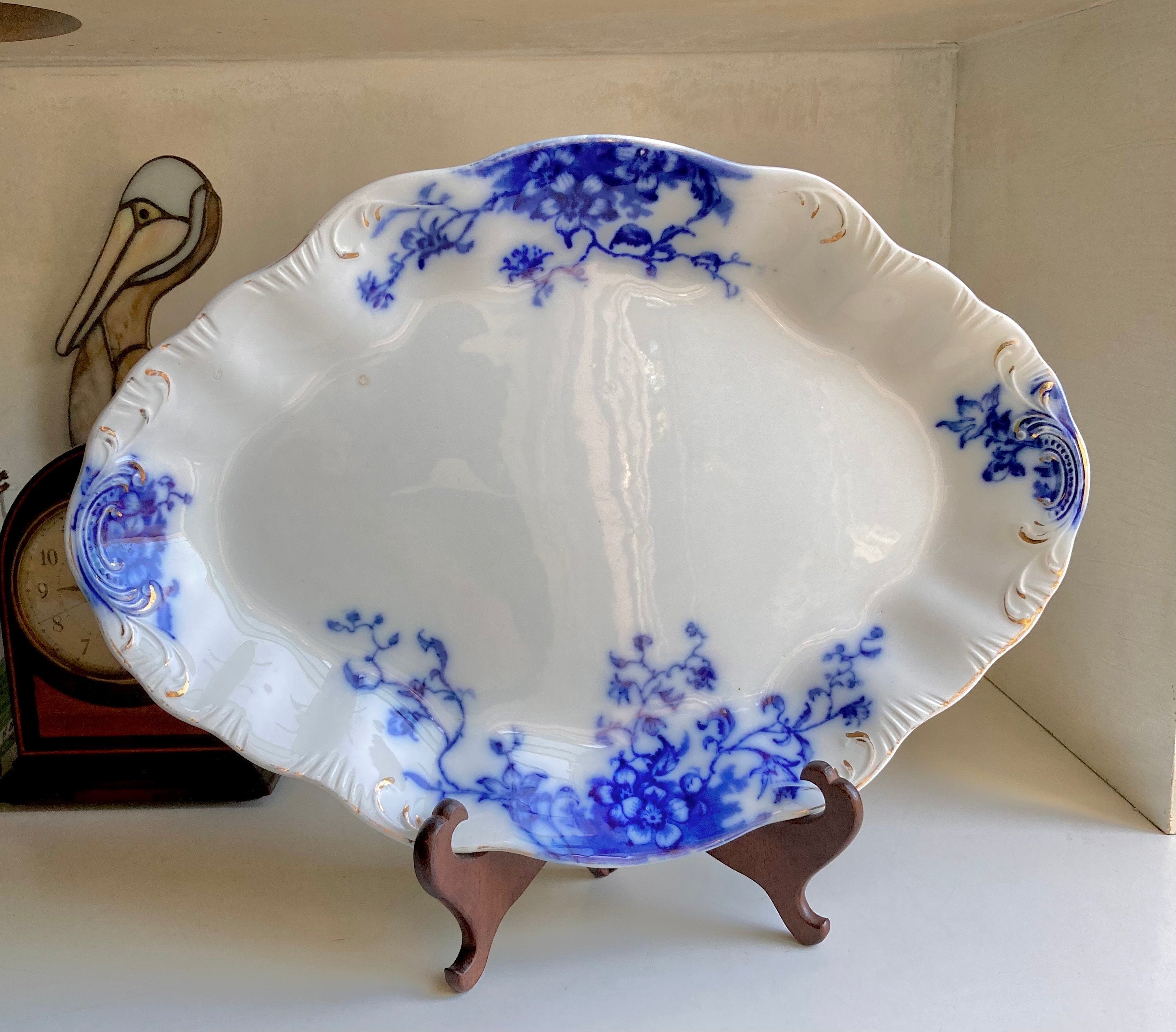 Antique Grindley Flow Blue Platter: 16" Floral Foliage, Gilding