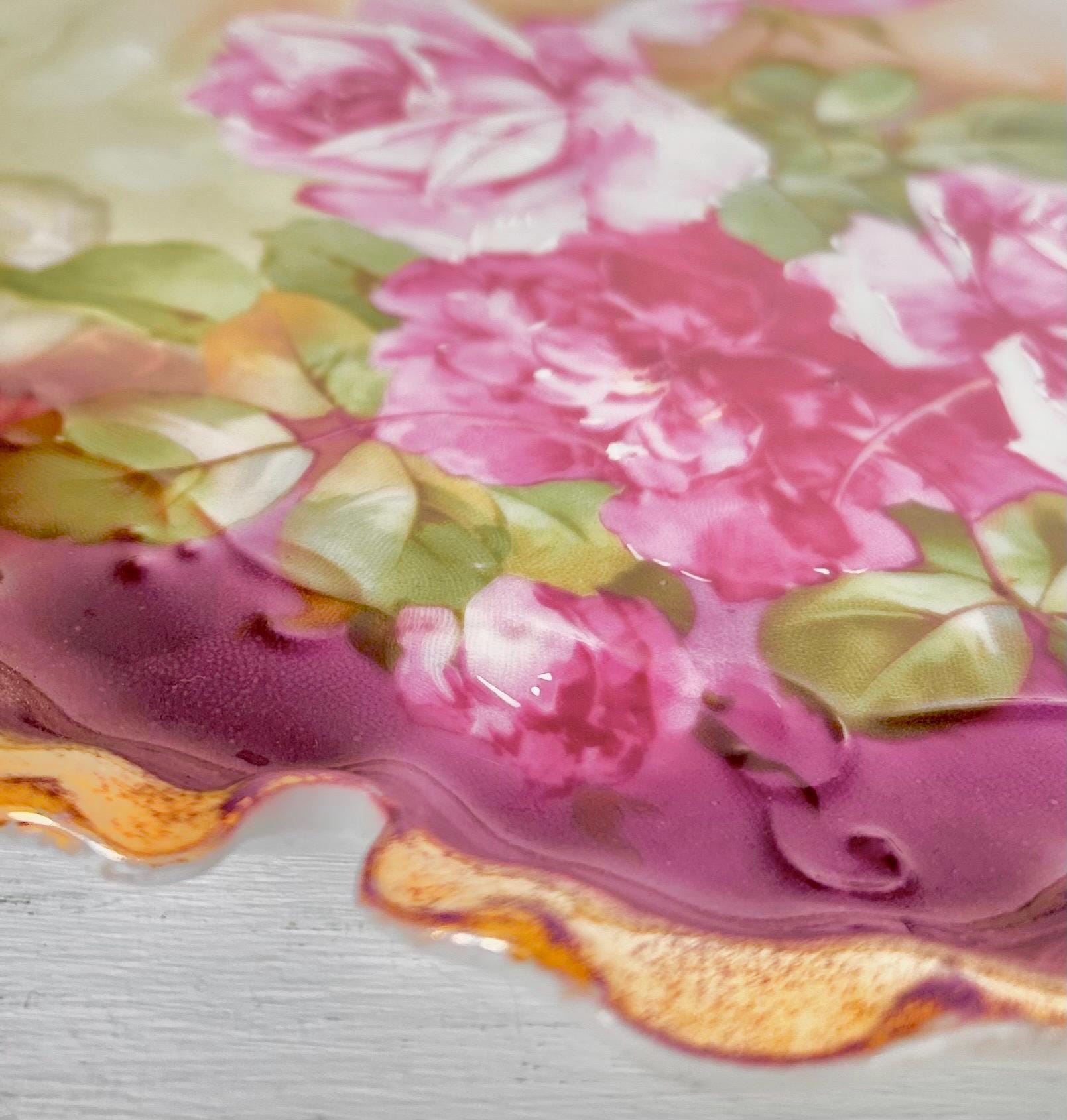 Vintage Transferware Porcelain Plate with Pink Roses