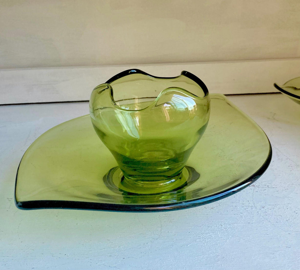Vintage Viking Green Glass Epic Pattern: CHOOSE from various options, candleholder pair, bowls, dish