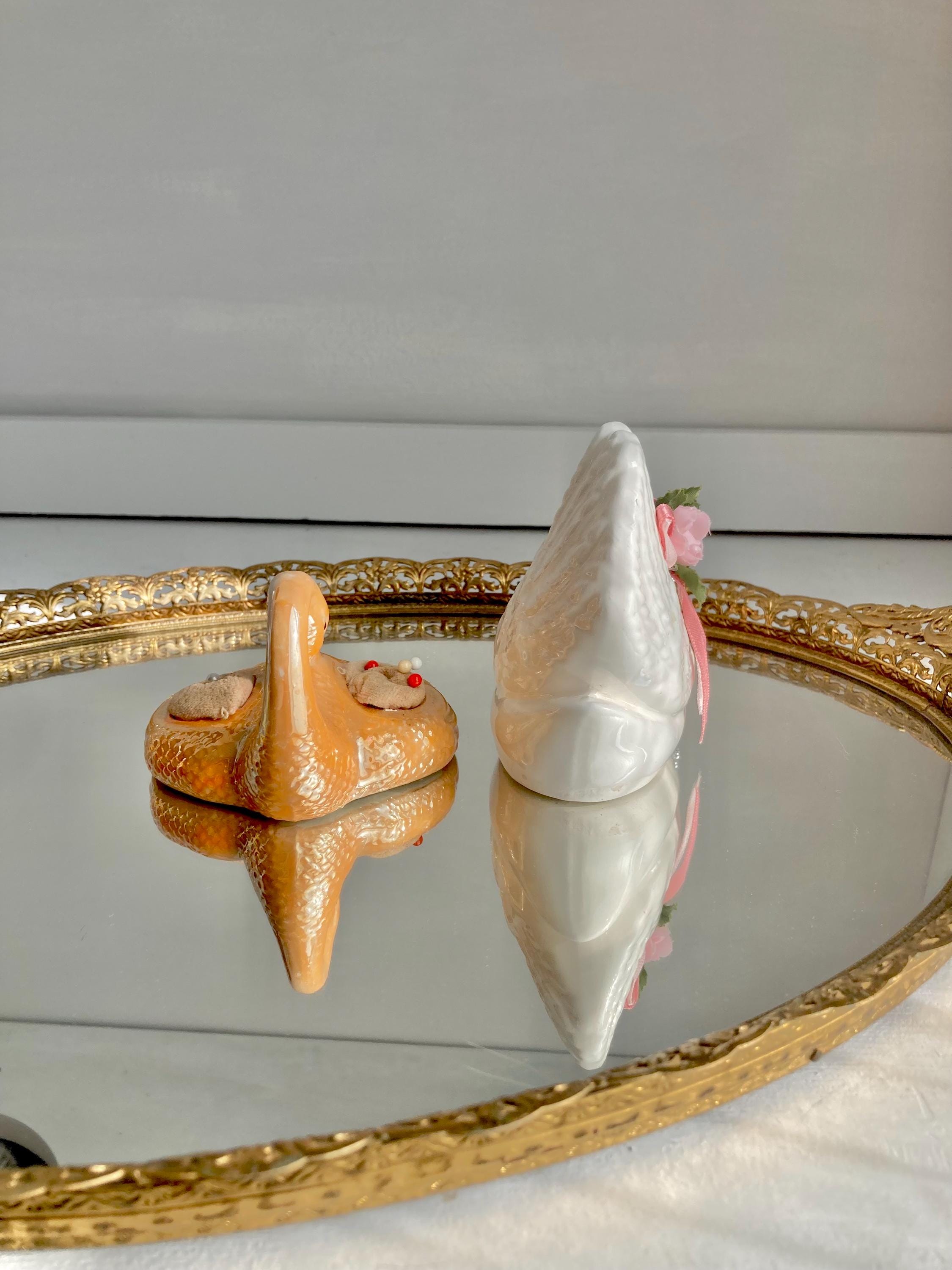 Vintage Ceramic Swan Figurines: Orange Luster Pin Cushion or White Floral Swan