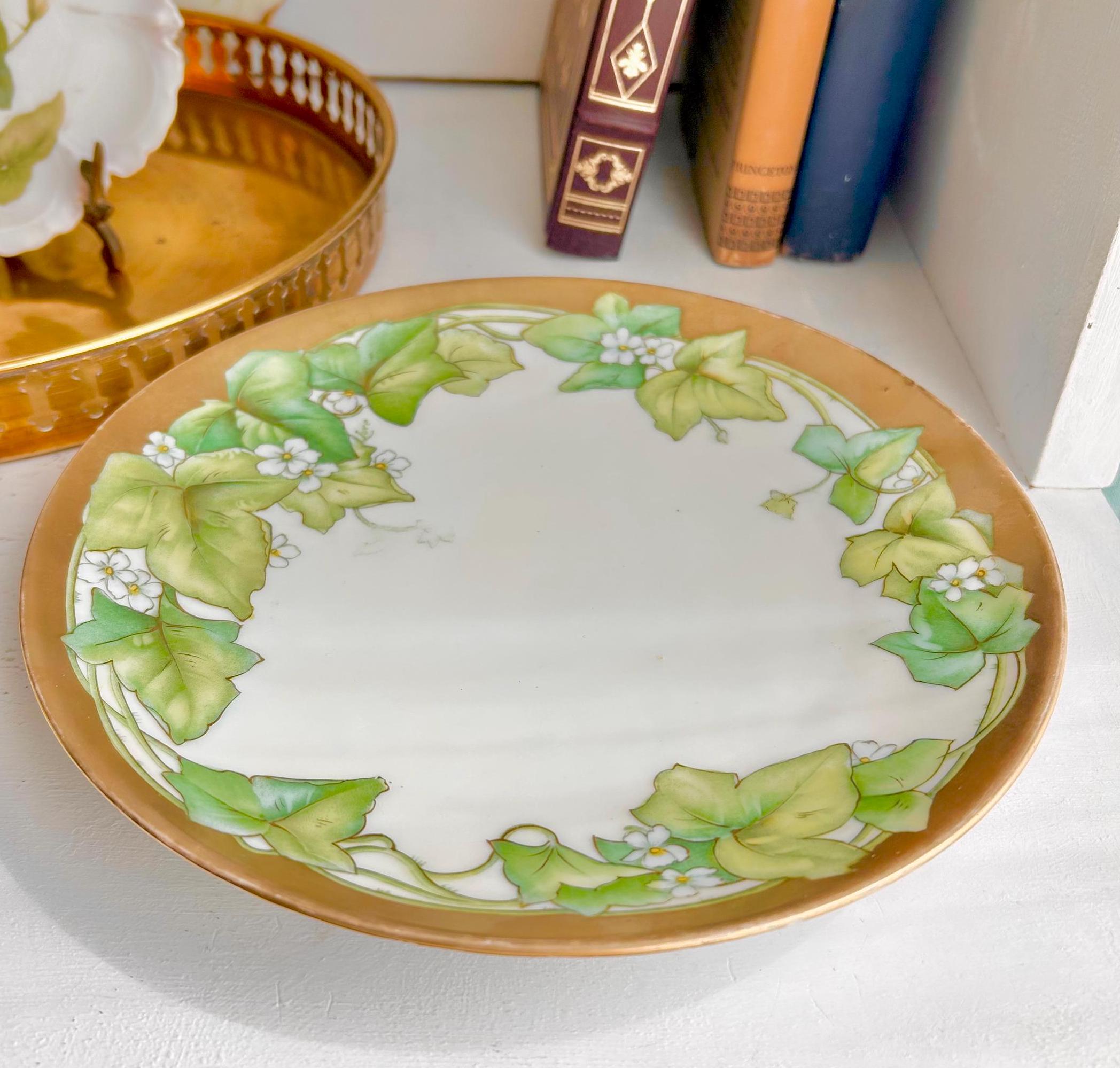 Vintage P.T. Bavaria Porcelain Plate: Hand Painted Ivy & Gold Trim (8.5")