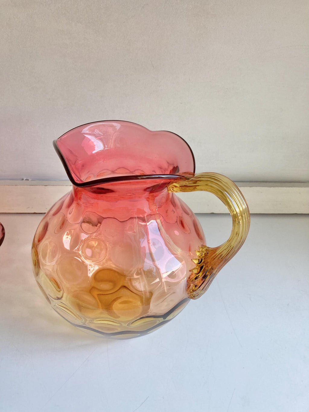Antique Amberina Glass Pitcher Set: Victorian Reverse Thumbprint Hobbs Brockunier