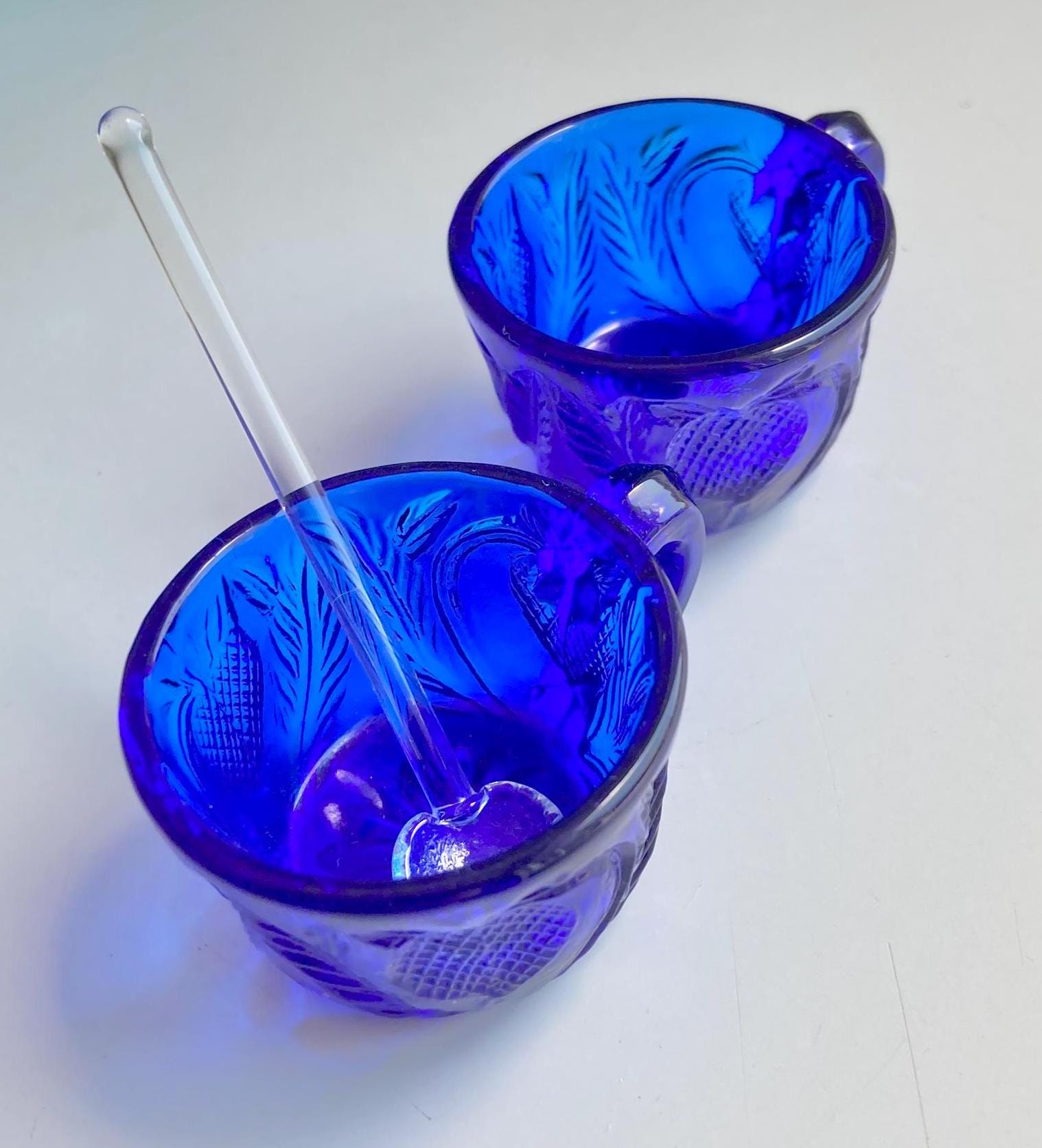 Vinage Cobalt Blue Glass Salt Cellars with fruit pattern, cup handles