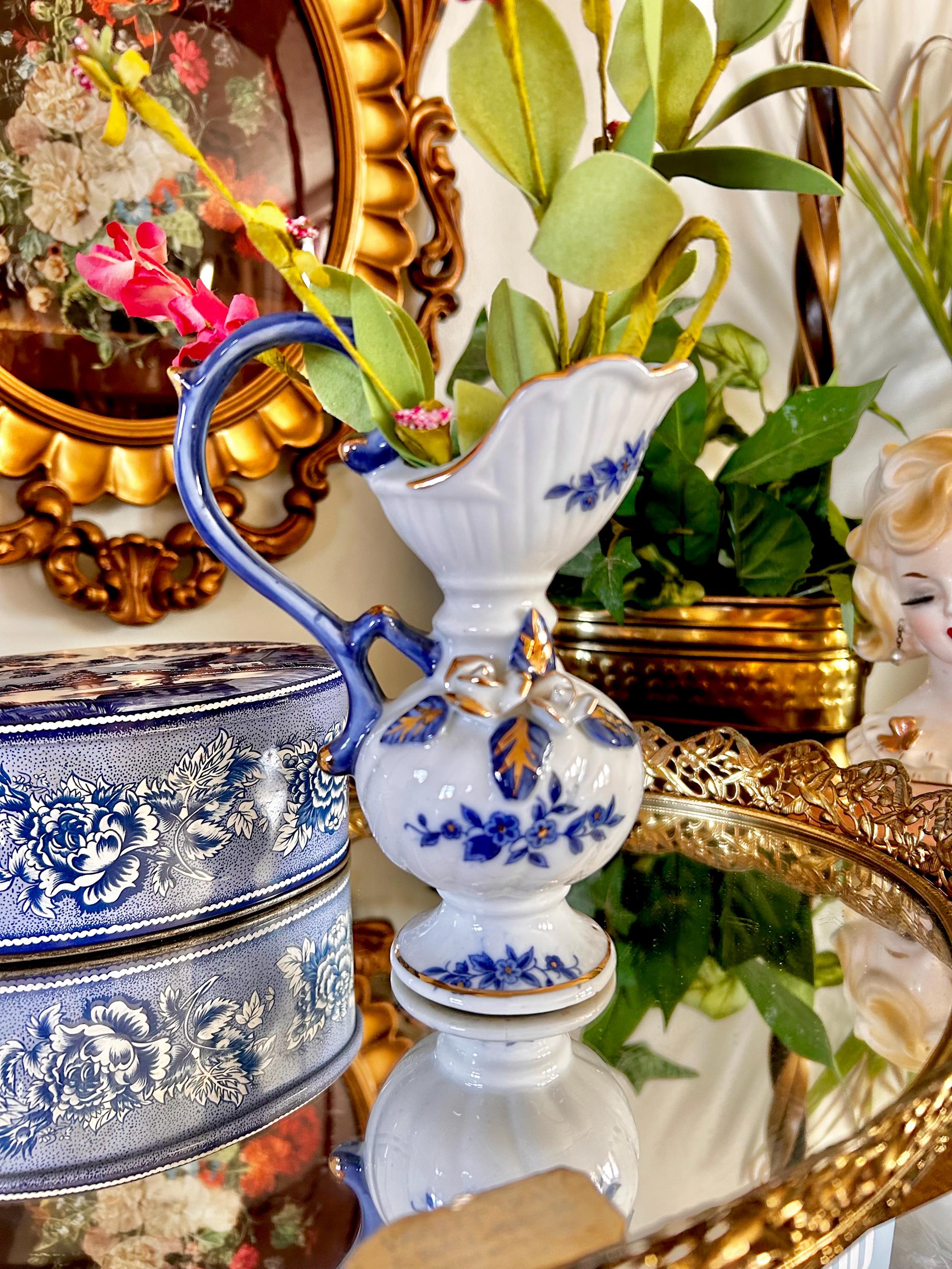 Vintage Brinns Blue and White Ceramic Ewer with Applied Roses