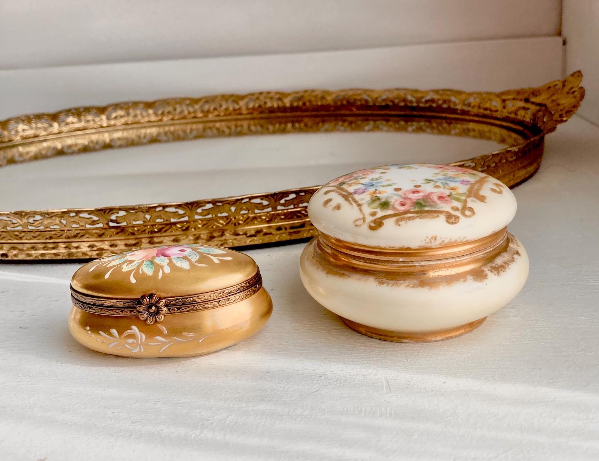 Vintage Limoges Porcelain Lidded Box: Hand-Painted Floral Gilt Jewelry Box