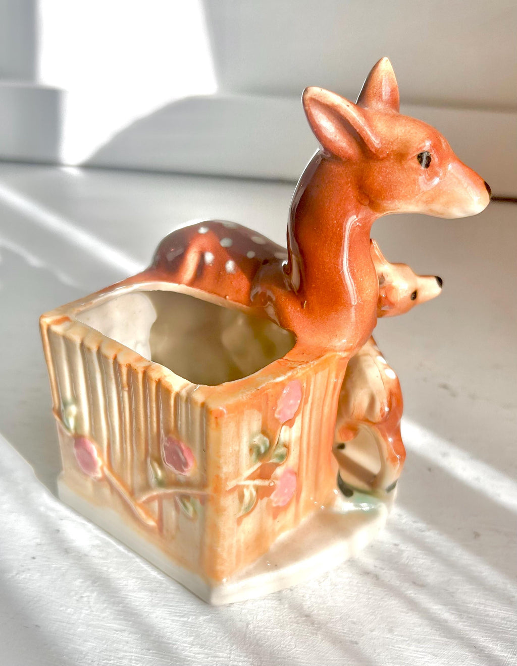 Vintage Ceramic Deer Planter: Mid-Century Doe and Fawn Flower Container