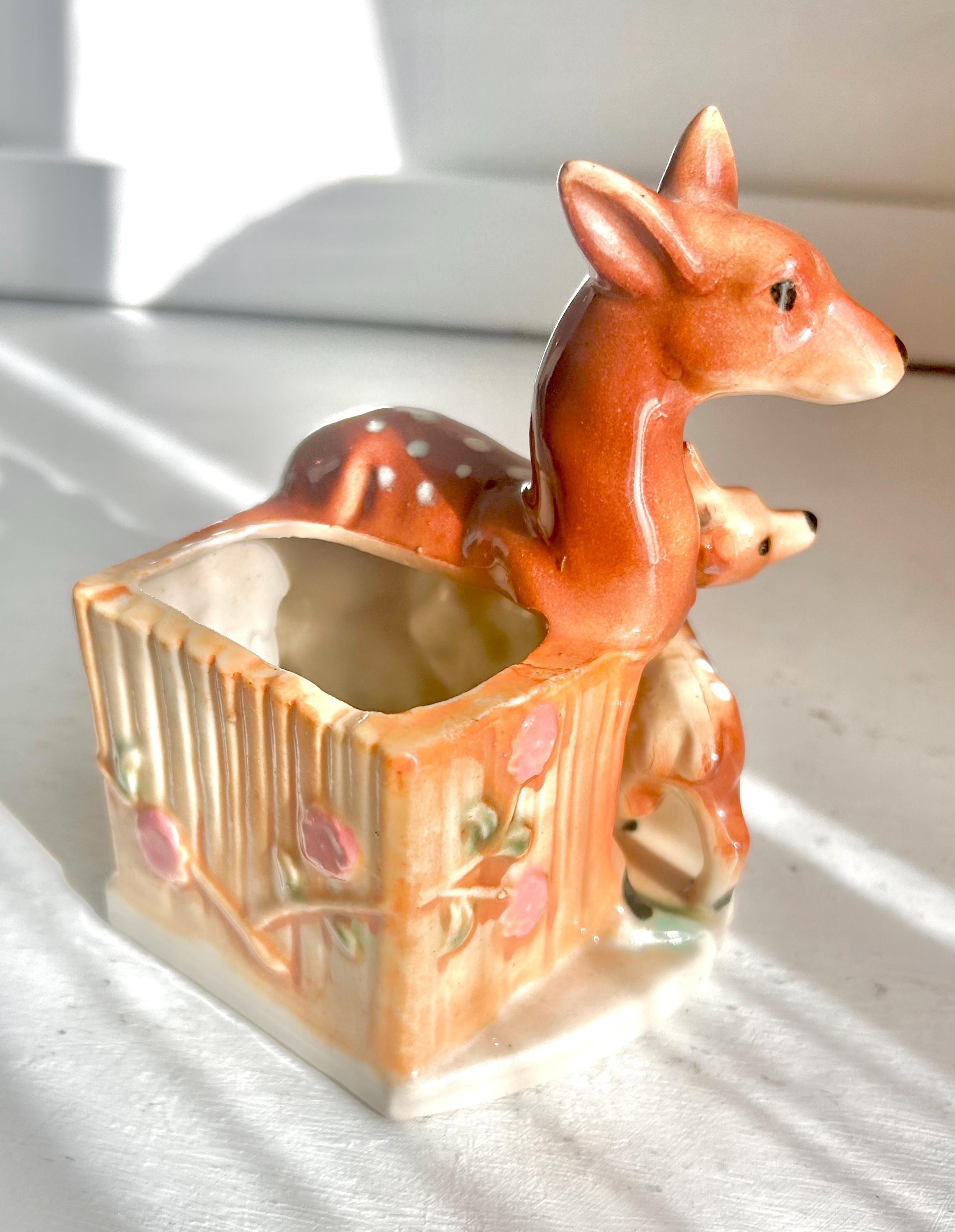 Vintage Ceramic Deer Planter: Mid-Century Doe and Fawn Flower Container
