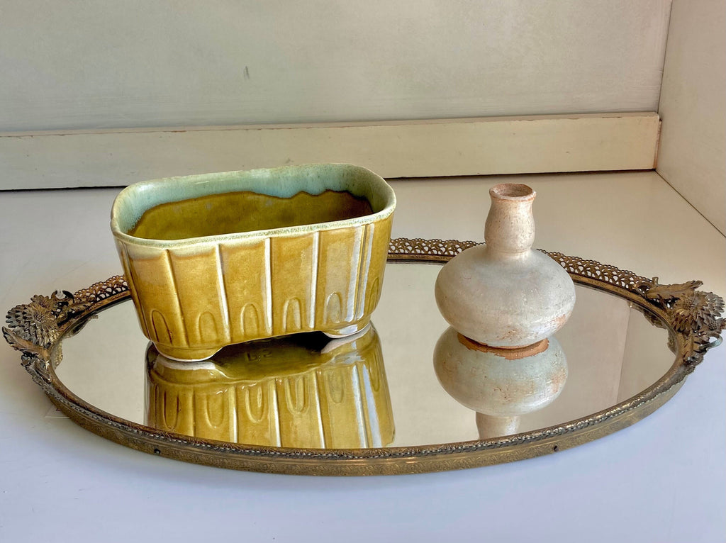 Mid Century Modern Hand Made Ceramics - Drip Glaze Olive Green Planter