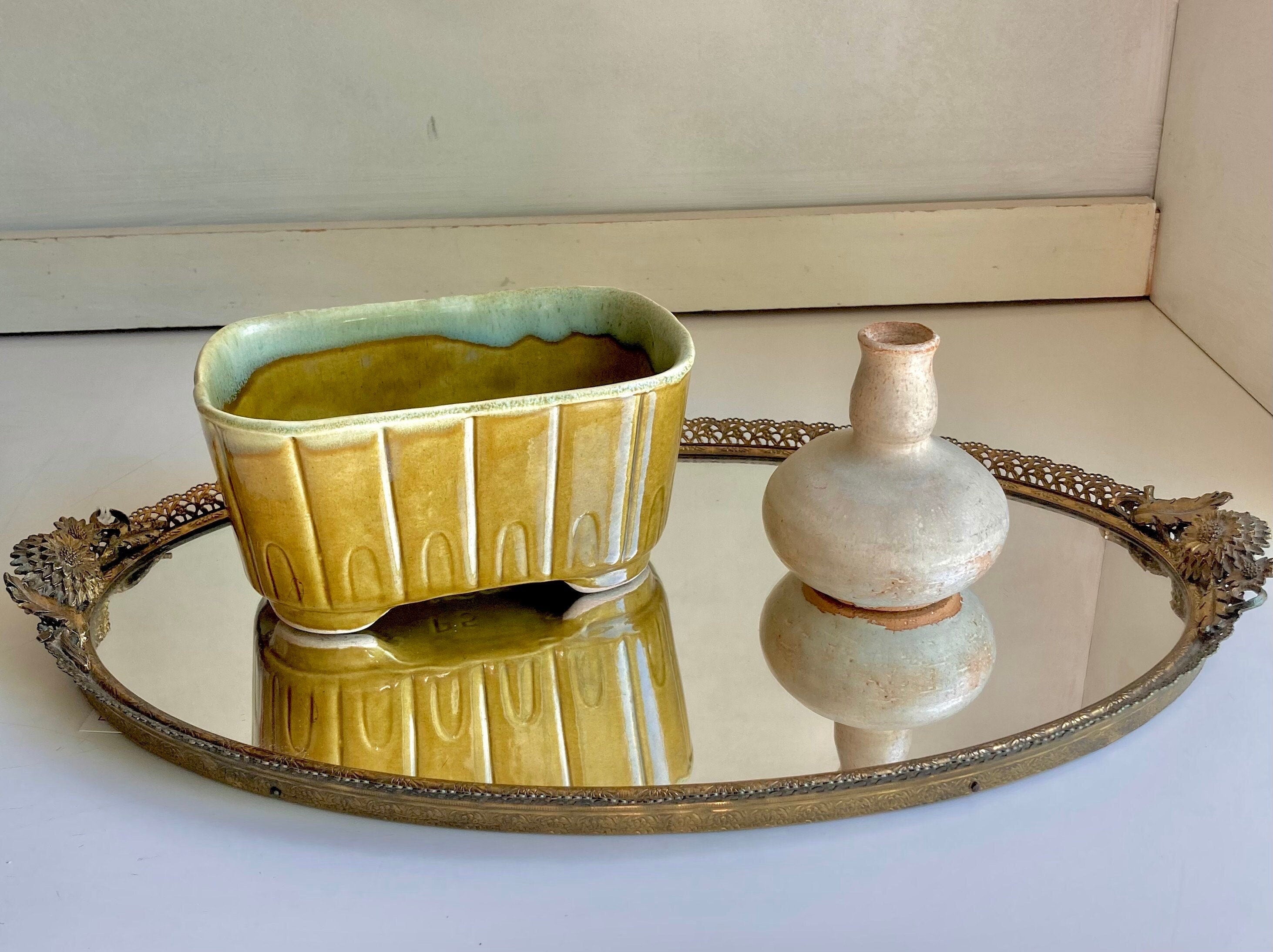 Mid Century Modern Hand Made Ceramics - Drip Glaze Olive Green Planter