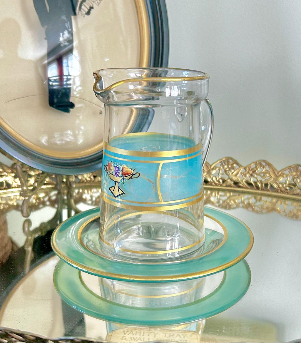 Vintage Hand-painted Small Glass Pitcher/Creamer with Under-plate, Blue and Gold Trim