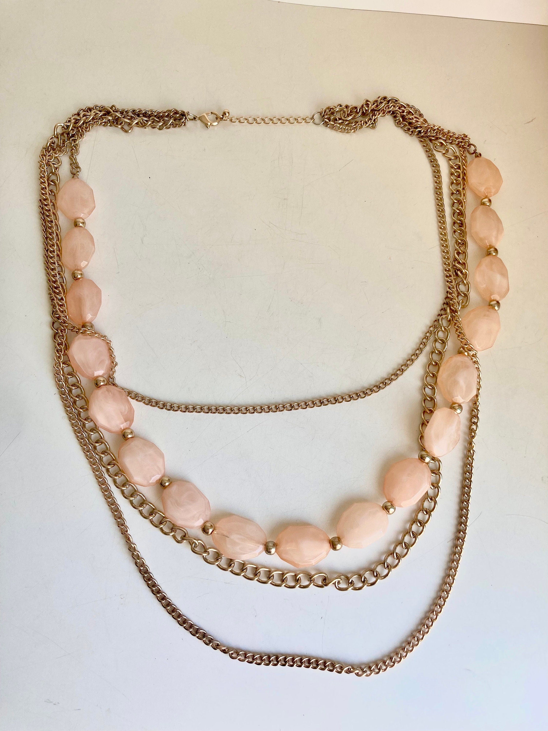 34" vintage Gold Tone Chain and Blush Pink Gem-Cut Beaded 4-Layered Necklace