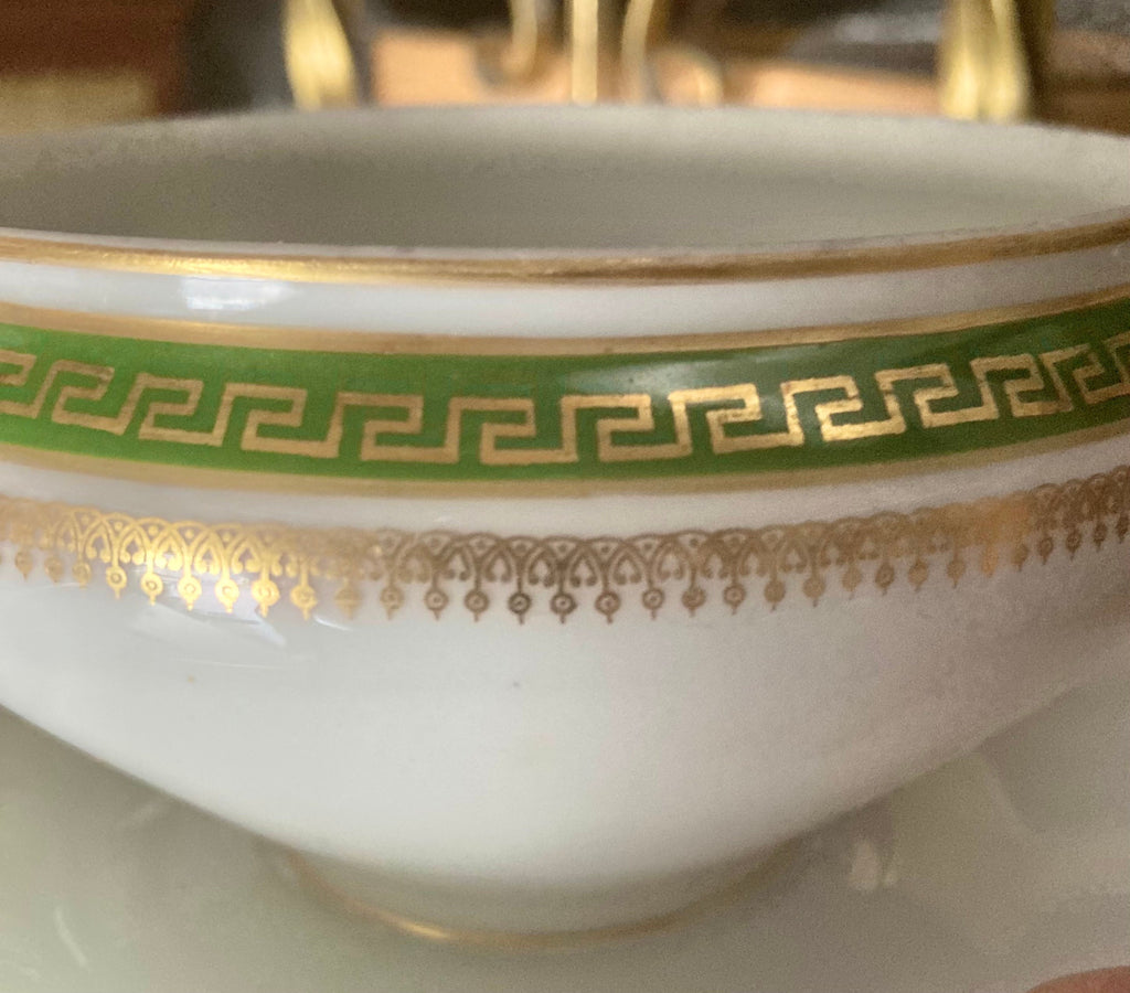 Vintage Porcelain LIMOGES Lidded Tureen with Olive Green and Gold Trim, Gold Handles