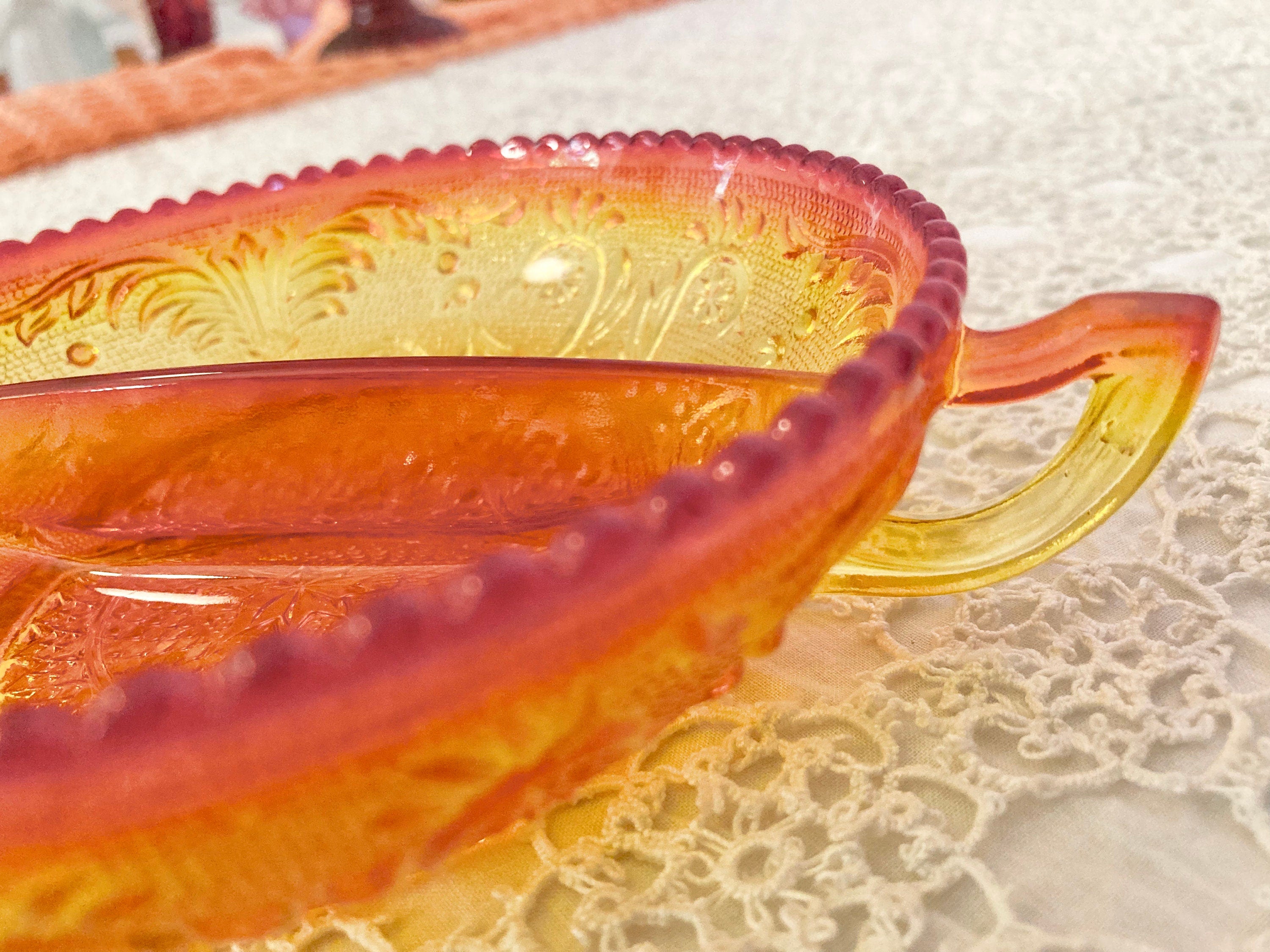 Vintage Amberina Depression Glass Divided Relish Dish with Handle, Rounded Sawtooth Edging