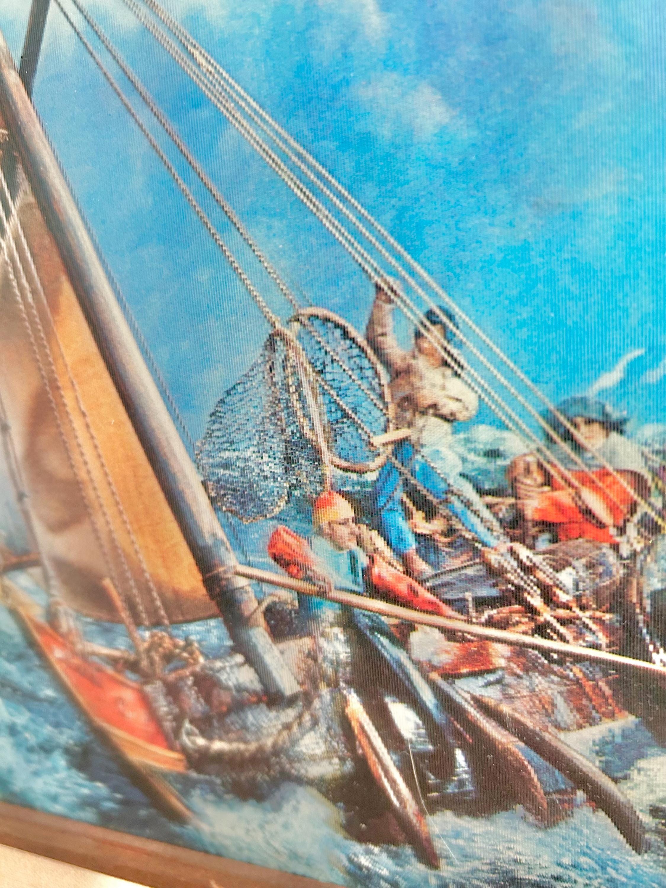 Vintage Lenticular Sailboat Art: Kitsch 3D Hologram, Wooden Frame
