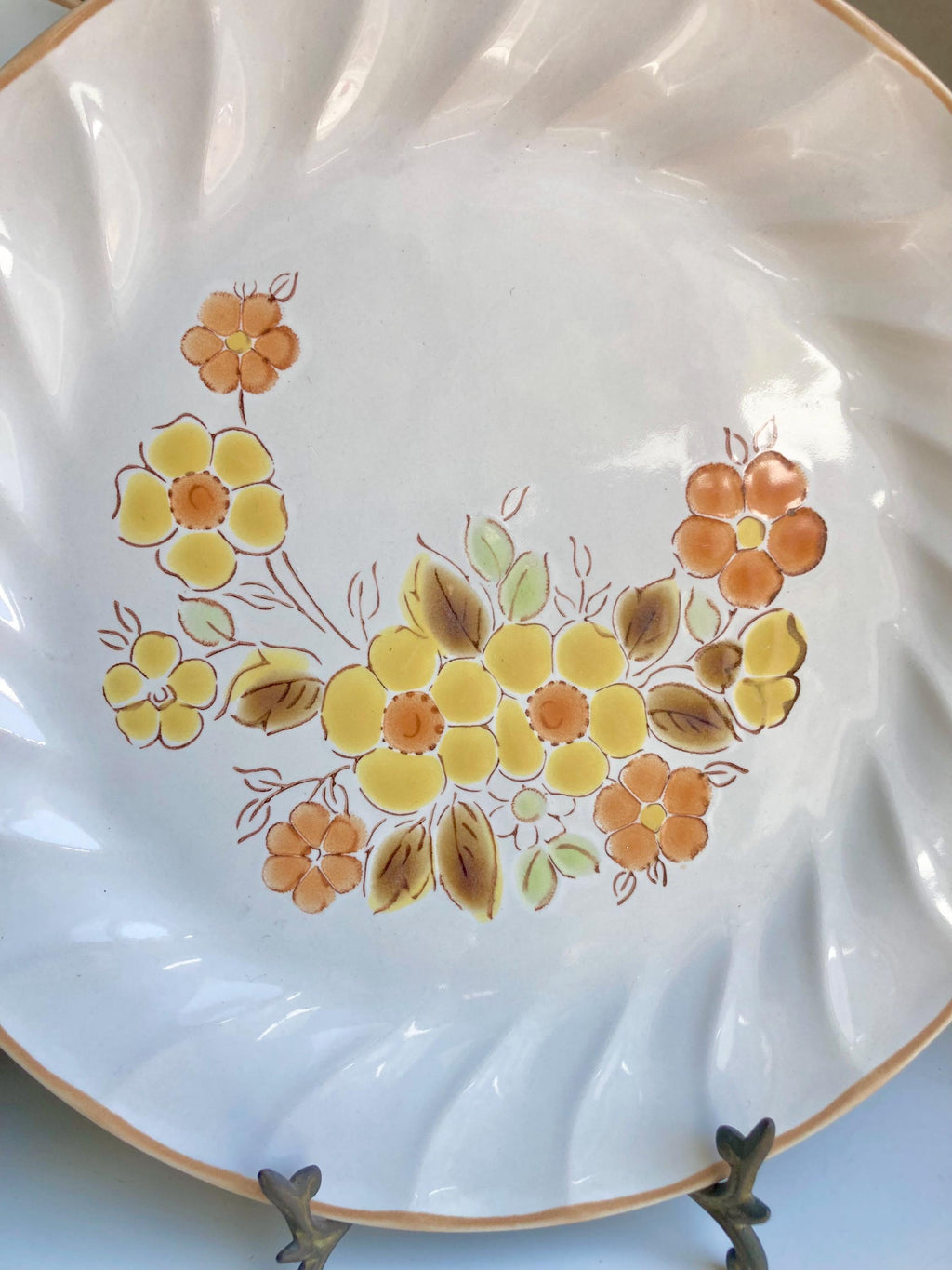 Vintage Gaiety Sculptura Stoneware Dinner Plates Pair - Orange Yellow Floral - Japan