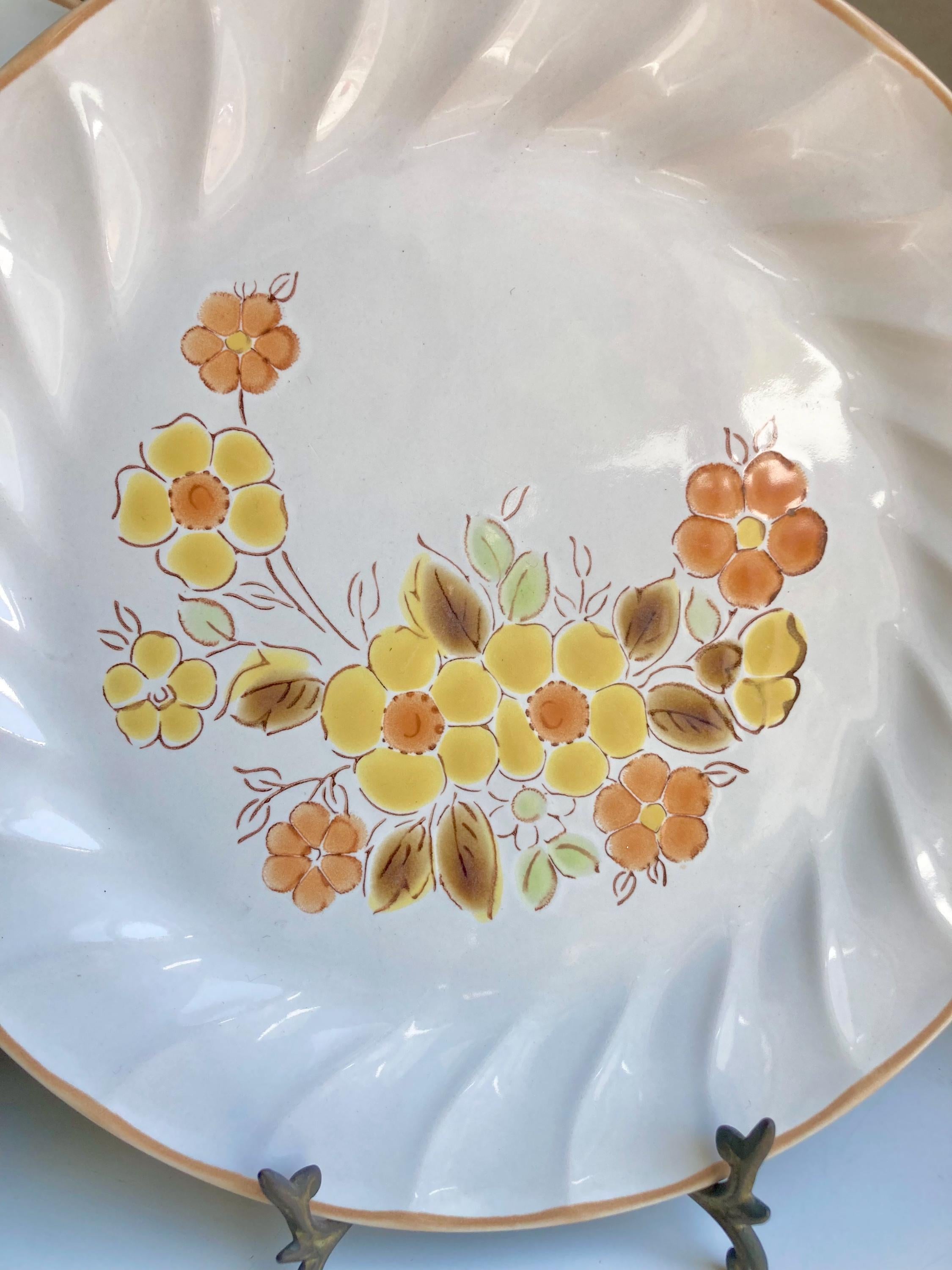 Vintage Gaiety Sculptura Stoneware Dinner Plates Pair - Orange Yellow Floral - Japan
