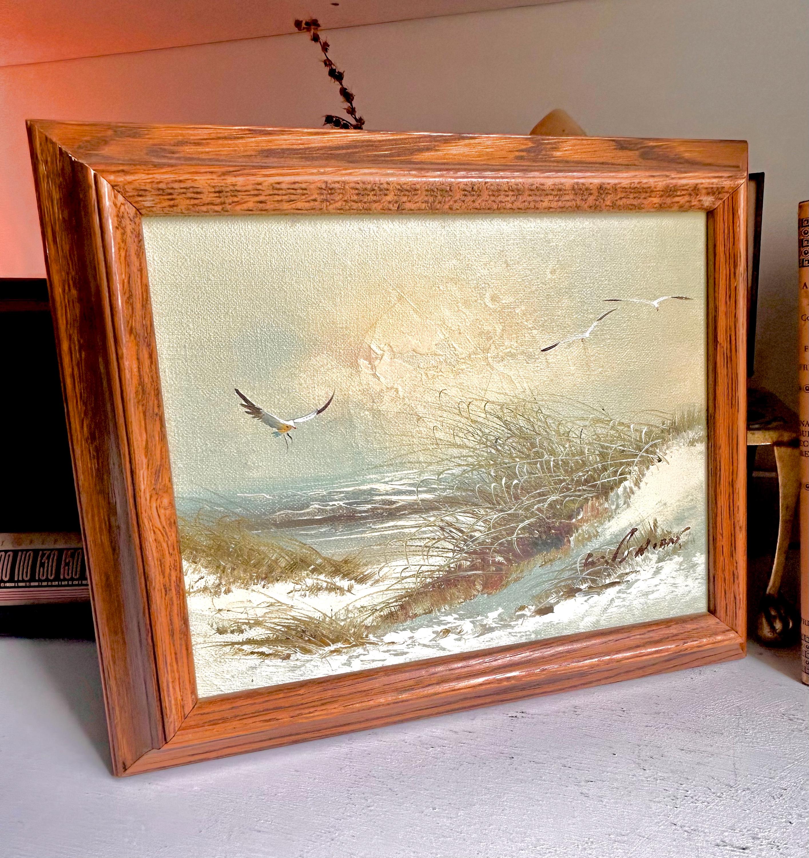 Vintage Seaside Painting - Original Signed Beach Scene in Oak Frame