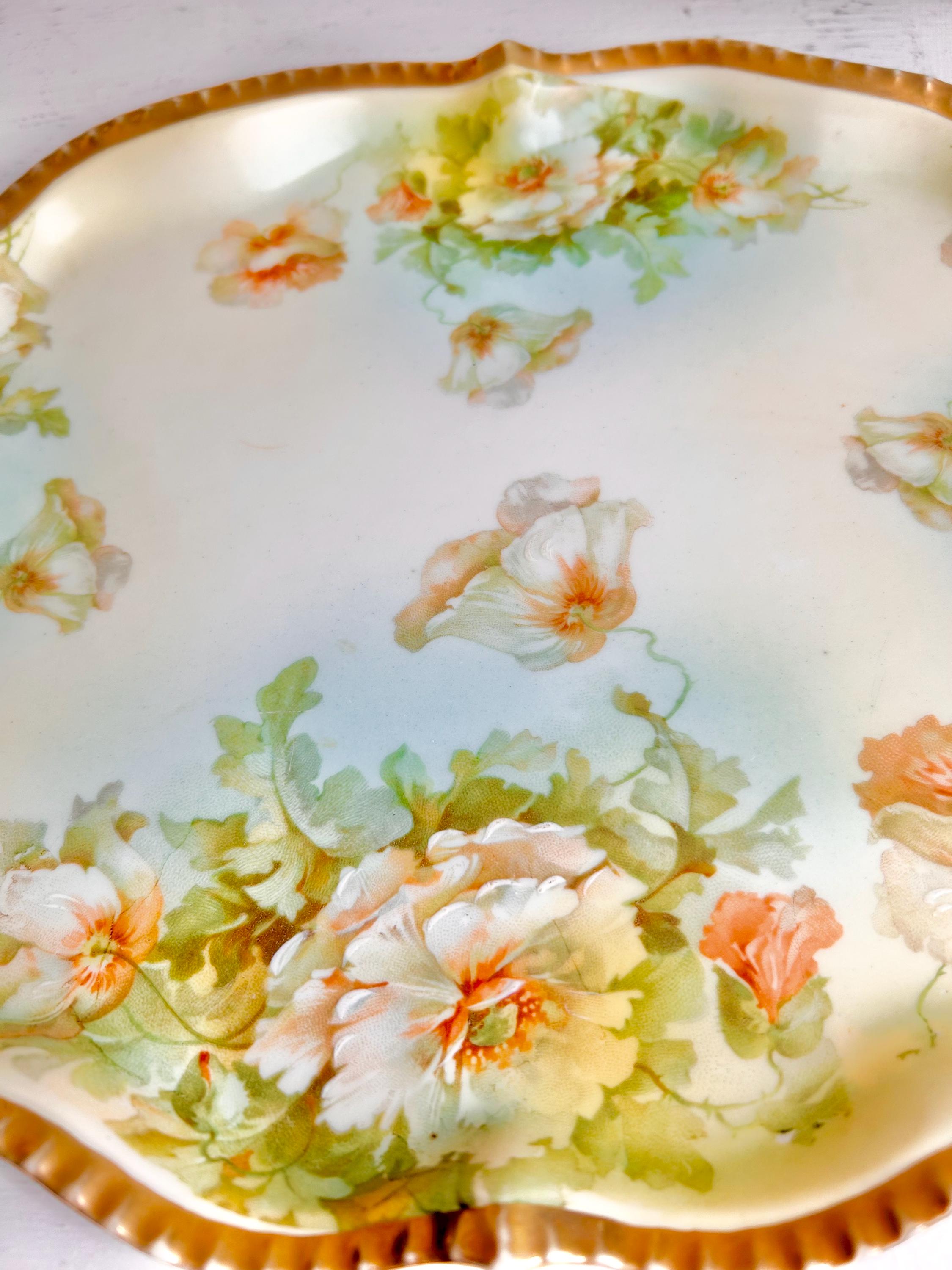 Antique Royal Rudolstadt Prussia Porcelain Tray: Hand-Painted, Gold Trim
