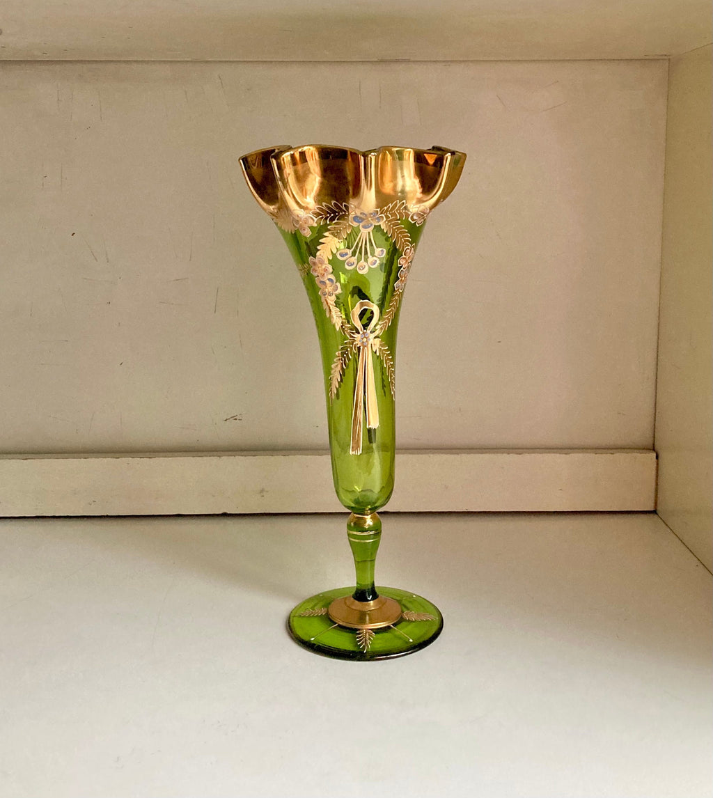 Bohemian Green Glass Ruffled Vase: Gilt Floral Hand-Painted Decor