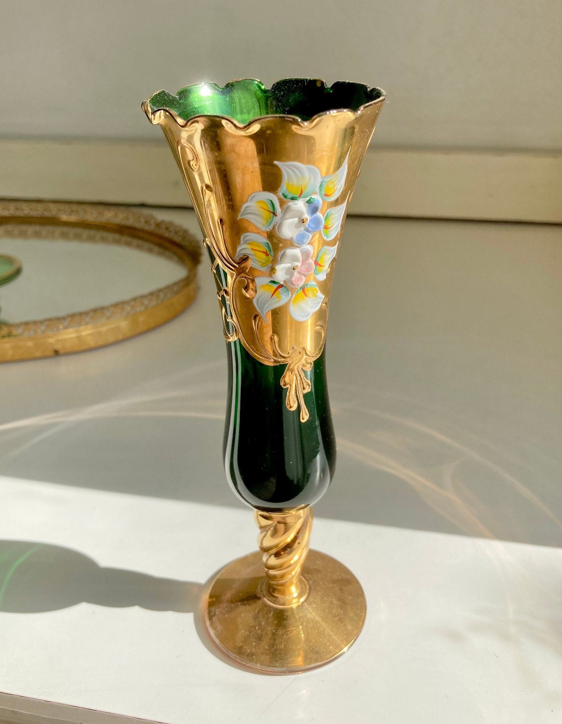 Vintage Green Glass Hand Painted Gilt Bohemian Bud Vases: choose from Two