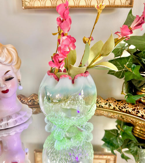 Antique EAPG Uranium Clear and Opalescent Glass Footed Rose Bowl with Pink Edge