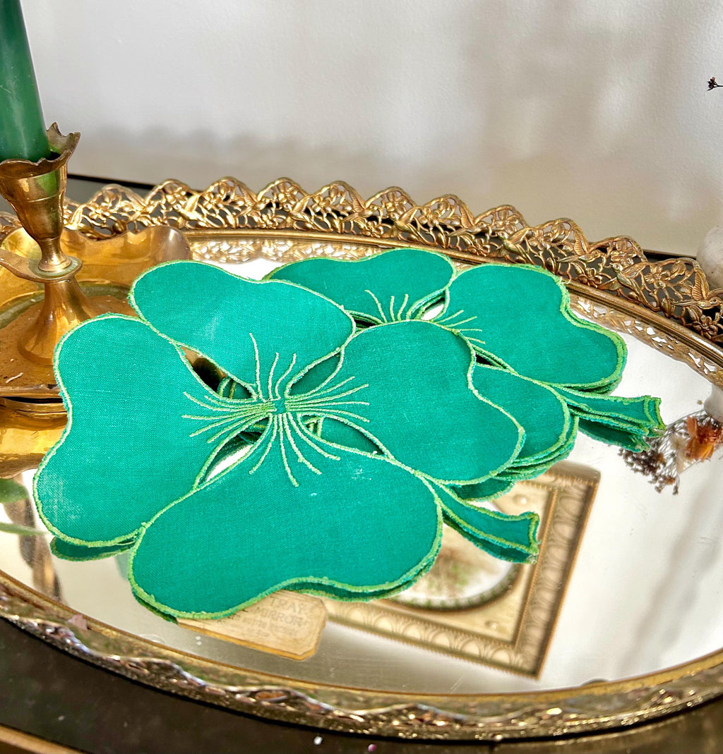 Vintage Hand Stitched Linen Shamrock Coasters in Emerald Green Set of 4